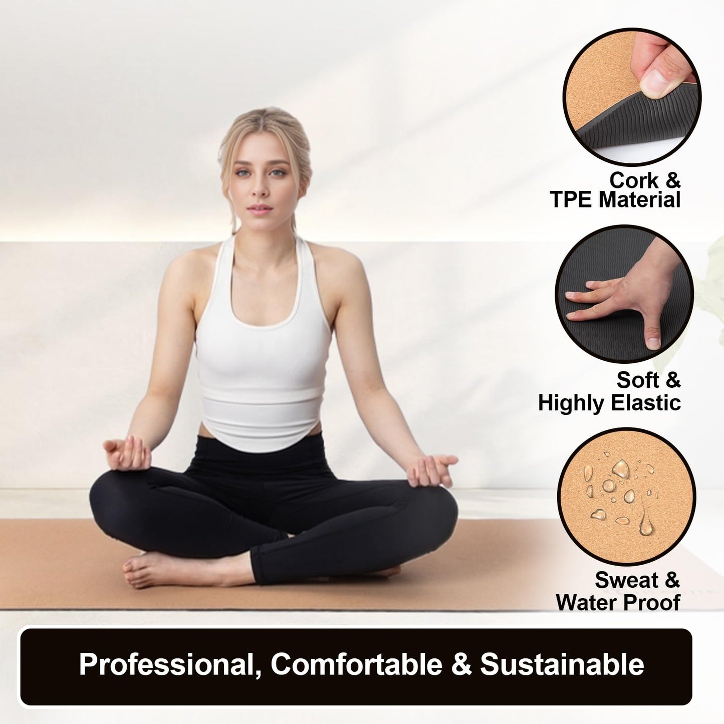 StrongTek Cork Yoga Mat, Non-Toxic & Eco-Friendly, 7mm Thick with Non-Slip Cork + TPE Surface, 72"x24", for Hot Yoga, Pilates & Home Fitness, Lightweight Cushioned with Carry Strap