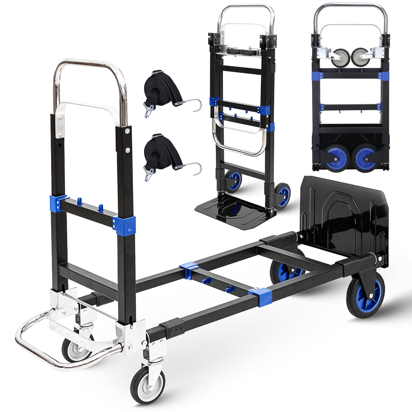 Upgraded 3 in 1 Folding Hand Truck, 600lbs Capacity, Heavy Duty Convertible Dolly with Retractable Handle and 4 Rubber Wheels, Collapsible Cart for Moving Home, Office, Warehouse (Blue)