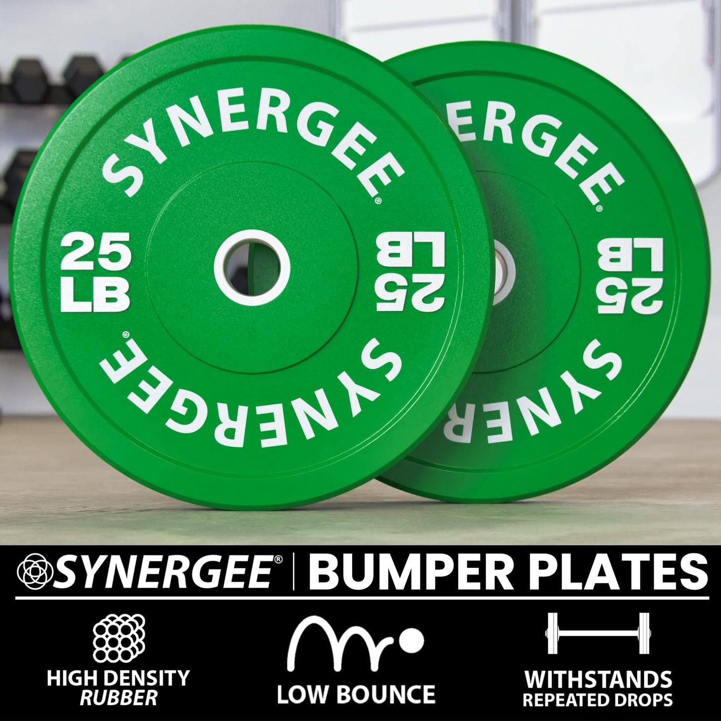 Synergee Bumper Plates – Durable Olympic Weight Plates, Low-Bounce Rubber for Strength Training, Powerlifting, and Functional Workouts.