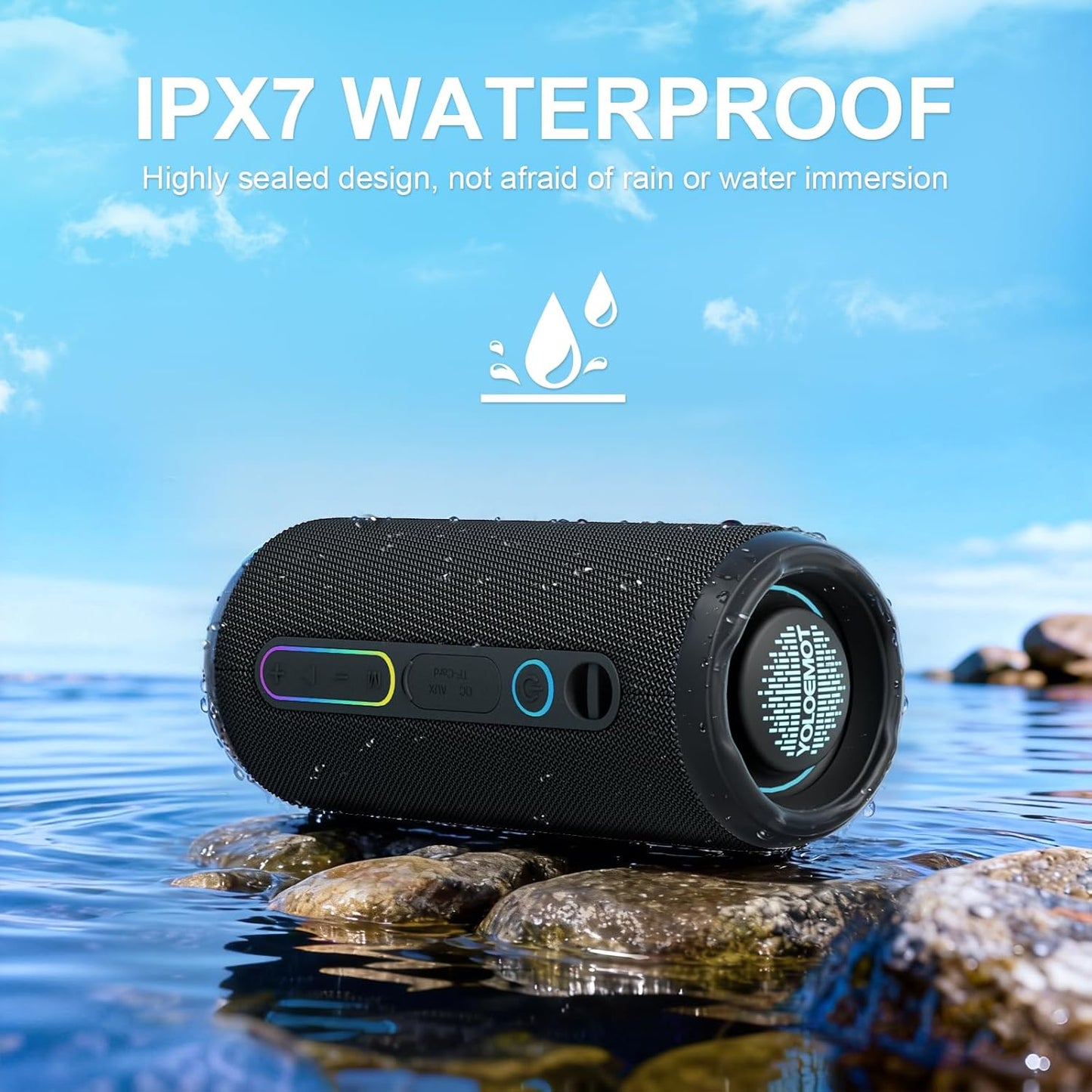 YOLOEMOT 24W IPX7 12H Portable Bluetooth Speaker, Deep Bass, Waterproof, TWS Pairing, RGB Lights, Playtime, Outdoor