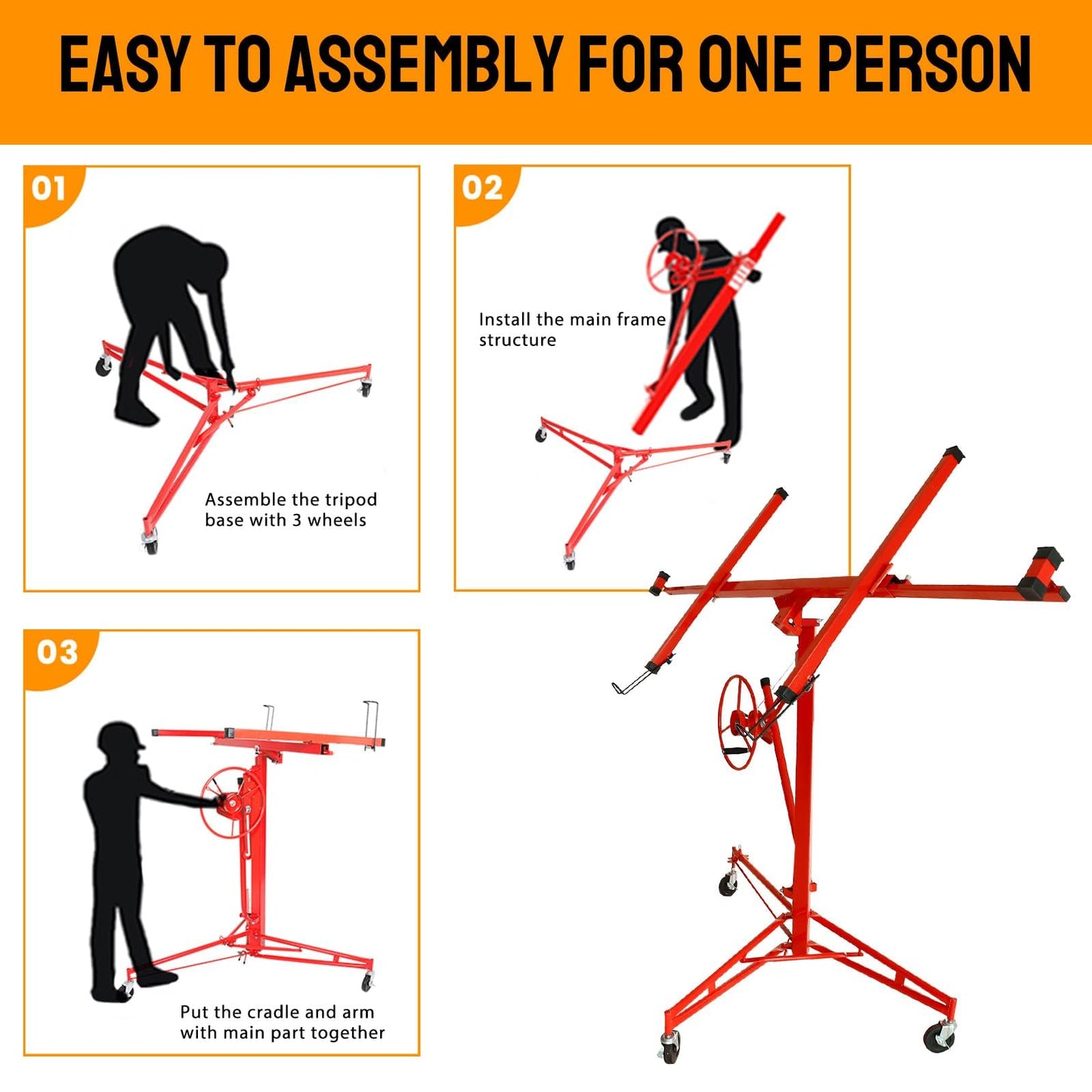 150LBS Heavy Duty Rolling Lifter Panel Perfect for Both Home & Commercial, 11FT Sheetrock Hoist Holder with Caster Construction Lockable Tool（Red）