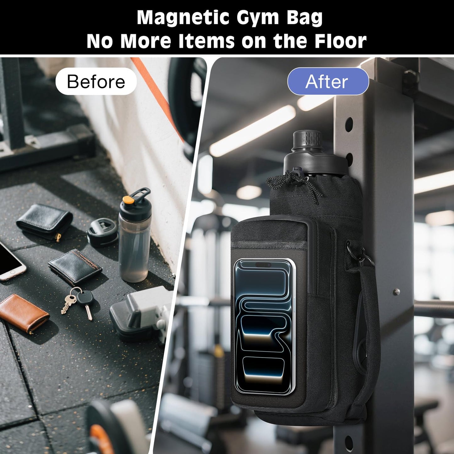 MoKo Magnetic Gym Bag, Magnetic Water Bottle Holder with Clear Phone Pouch, Built-in 4 Magnets Fitness Bag for Men and Women Compatible with Most Water Bottles, Gym Accessories Gifts, Black