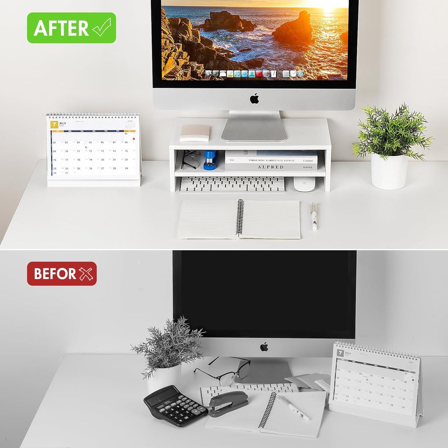 Desk,2 16.5 7.8 5.2 inch BEYGORM White Monitor Stand Riser for Tiers Wood Desk Shelf Computer Screen Stand with Storage