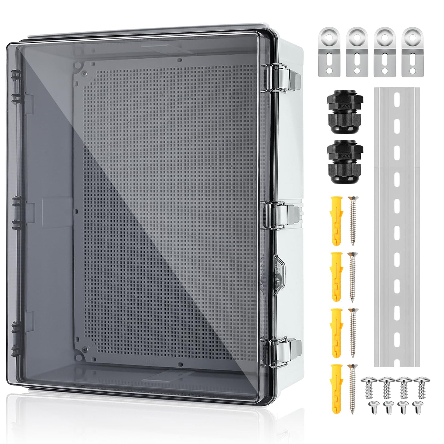 Joisyoya Waterproof Electrical Junction Box Outdoor, IP67 ABS Plastic Weatherproof Electrical Enclosure with Aluminum DIN Rail, Mounting Platem for WiFi Project, Clear (20.1''×16.1''×7.9'')