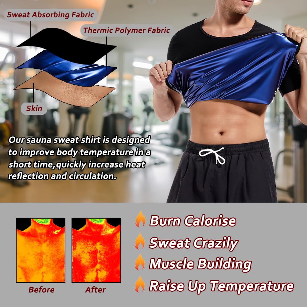 Sauna Shirt for Men,Short Sleeve Sweat Suit for Men,Mens Sweat Compression T-Shirt Top for Gym Exercise