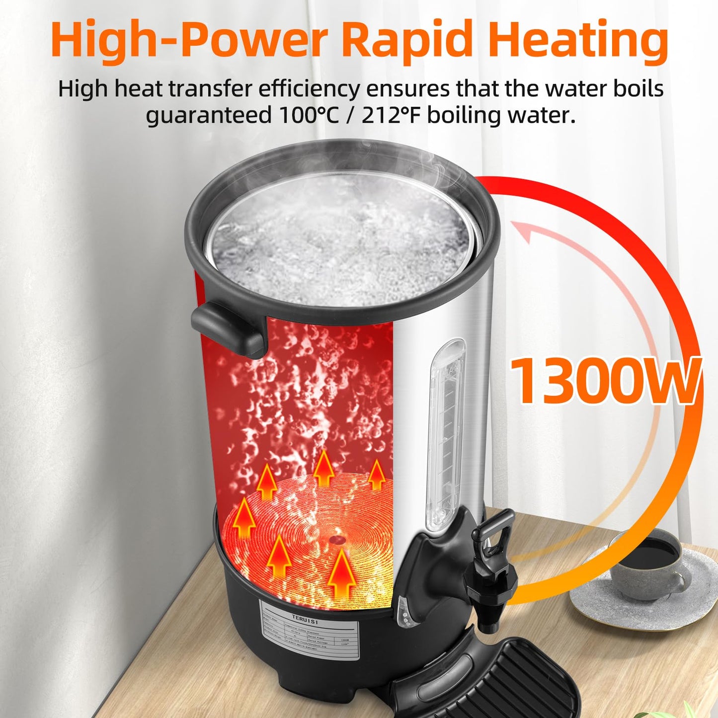 TERUISI Coffee Urn, 65 Cups/9L Commercial Coffee Maker, 1300W Large Coffee Maker Hot Water Tea Urn with Filter Basket & Adjustable Temperature, Stainless Steel Hot Drink Beverage Dispenser