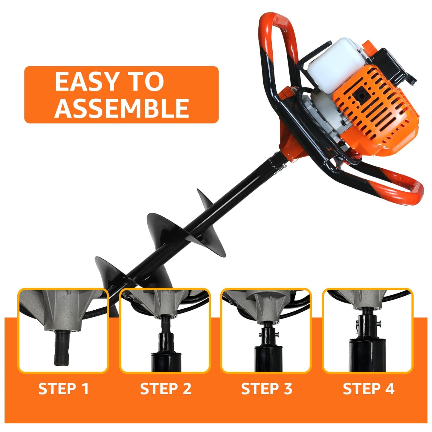 XJADQW 62CC 2-Stroke Gas Powered Post Hole Digger with 4" & 6" & 8" & 12" Auger Bits + 8“ & 12" & 20" Extension Rod, Heavy Duty Earth Auger for Farm, Garden, Landscaping, Construction