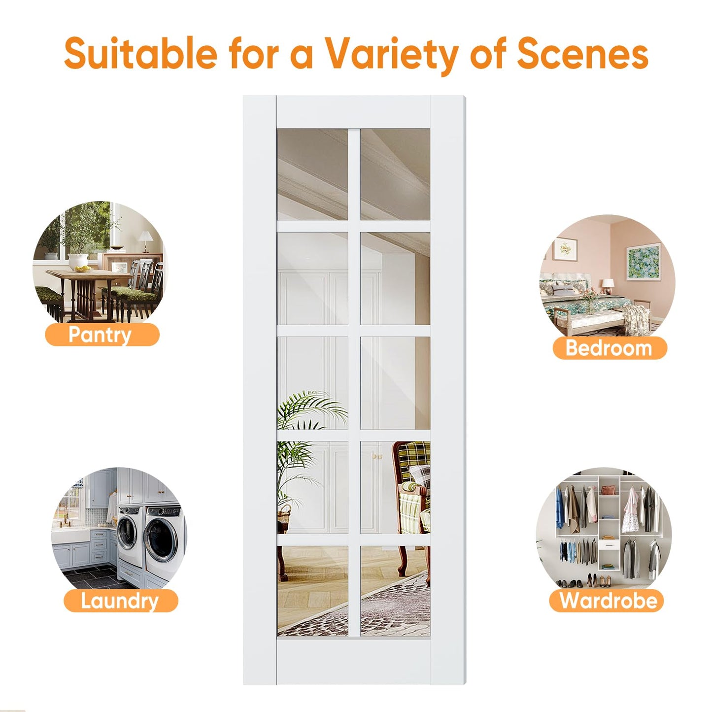 SOLRIG 24" x 80" French Interior Doors, 10 Lite Mirror Glass Laundry & Bedroom Door, Single Pre-Finished Slab Door, Solid MDF Core Wood, White Primed (Hinges Not Included)