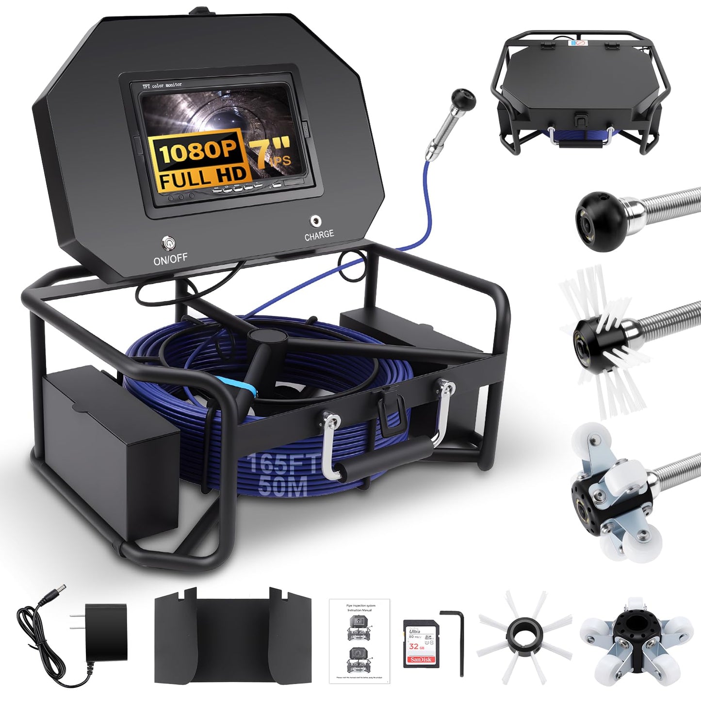 7" Sewer Camera w/DVR Function,HD 1080P Screen Plumbing Drain Pipe Inspection Cam, Industrial Borescope Camera w/light,4x Zoom,IP68 Waterproof, 32GB Card, for Sewer Line, Home,Duct Drain Pipe Plumbing
