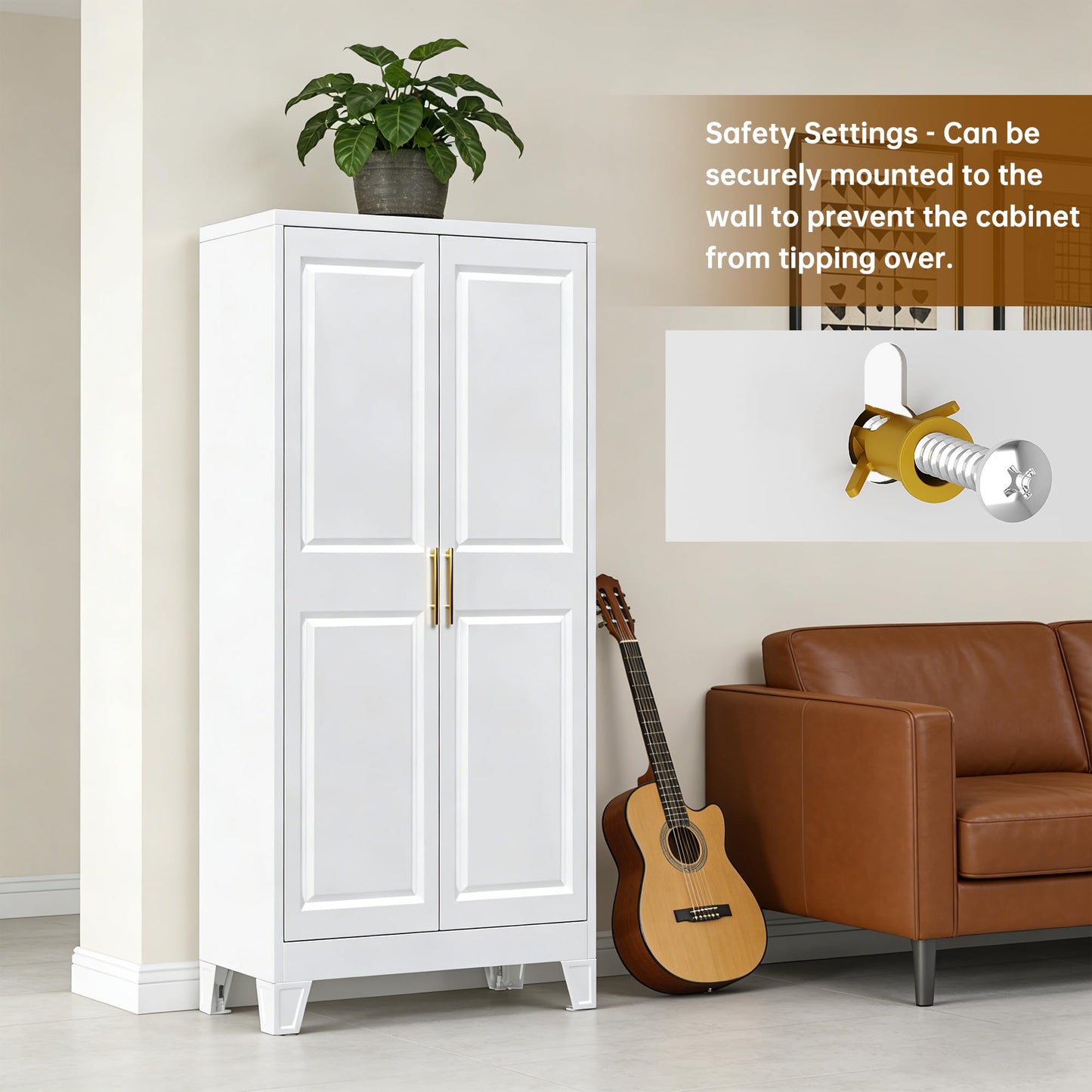GangMei 61.4" H Metal Kitchen Pantry Cabinet with 4 Adjustable Shelf, White Pantry Cabinet with 2 Doors,Freestanding Food Cabinet for Kitchen,Home,Required Assembly