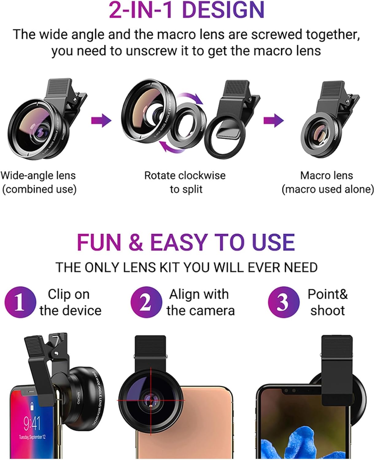 APEXEL 2 1 0.45X 140+ 12.5X Phone Camera Lens, in Cell Phone Clip-on Lens Kit Wide Angle Lens Macro Lens Clip-on iPhone