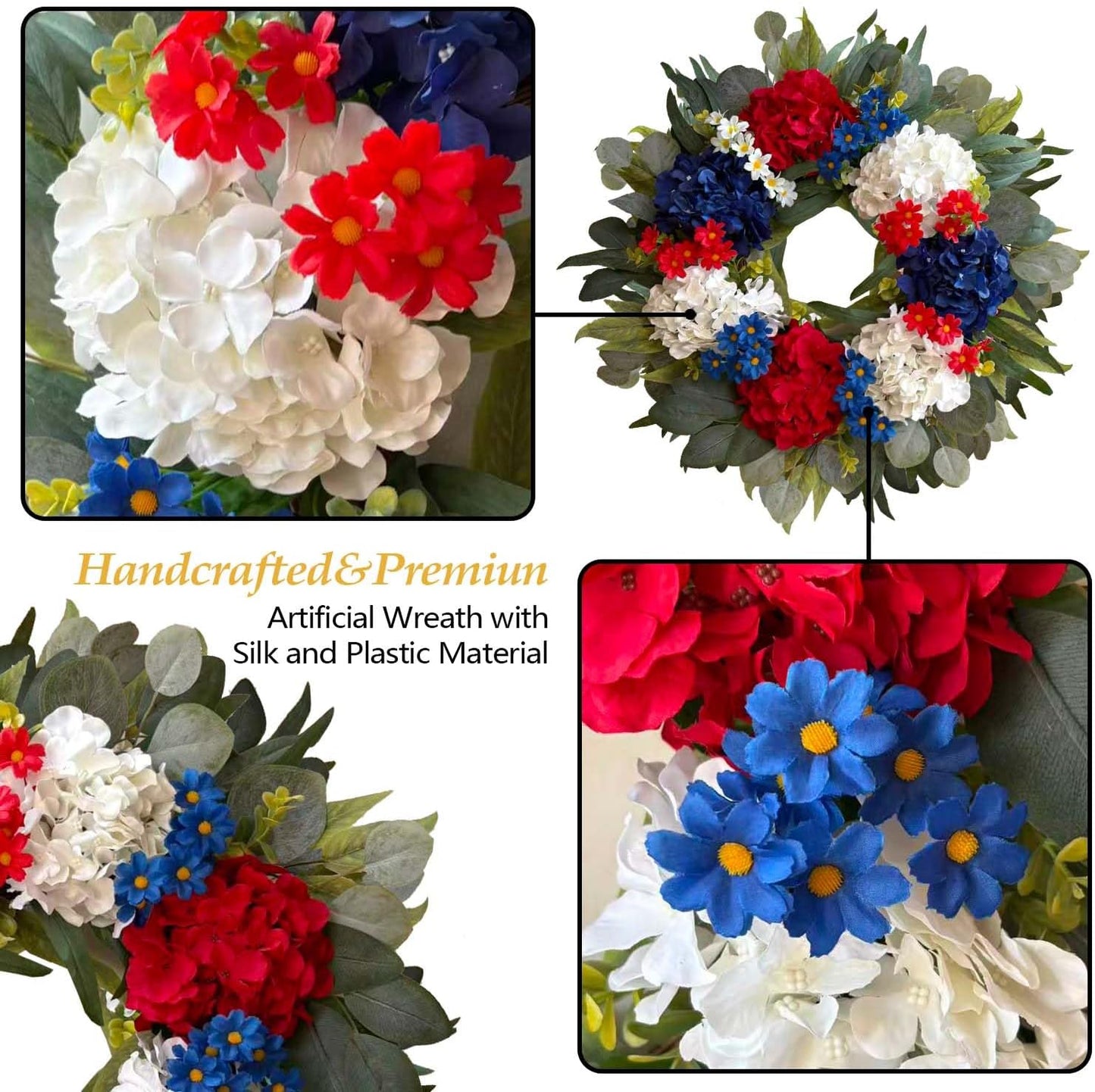 WANNA-CUL Patriotic 24-Inch Hydrangea Wreath - Red, White & Blue 4th of July Decor for Indoors & Outdoors