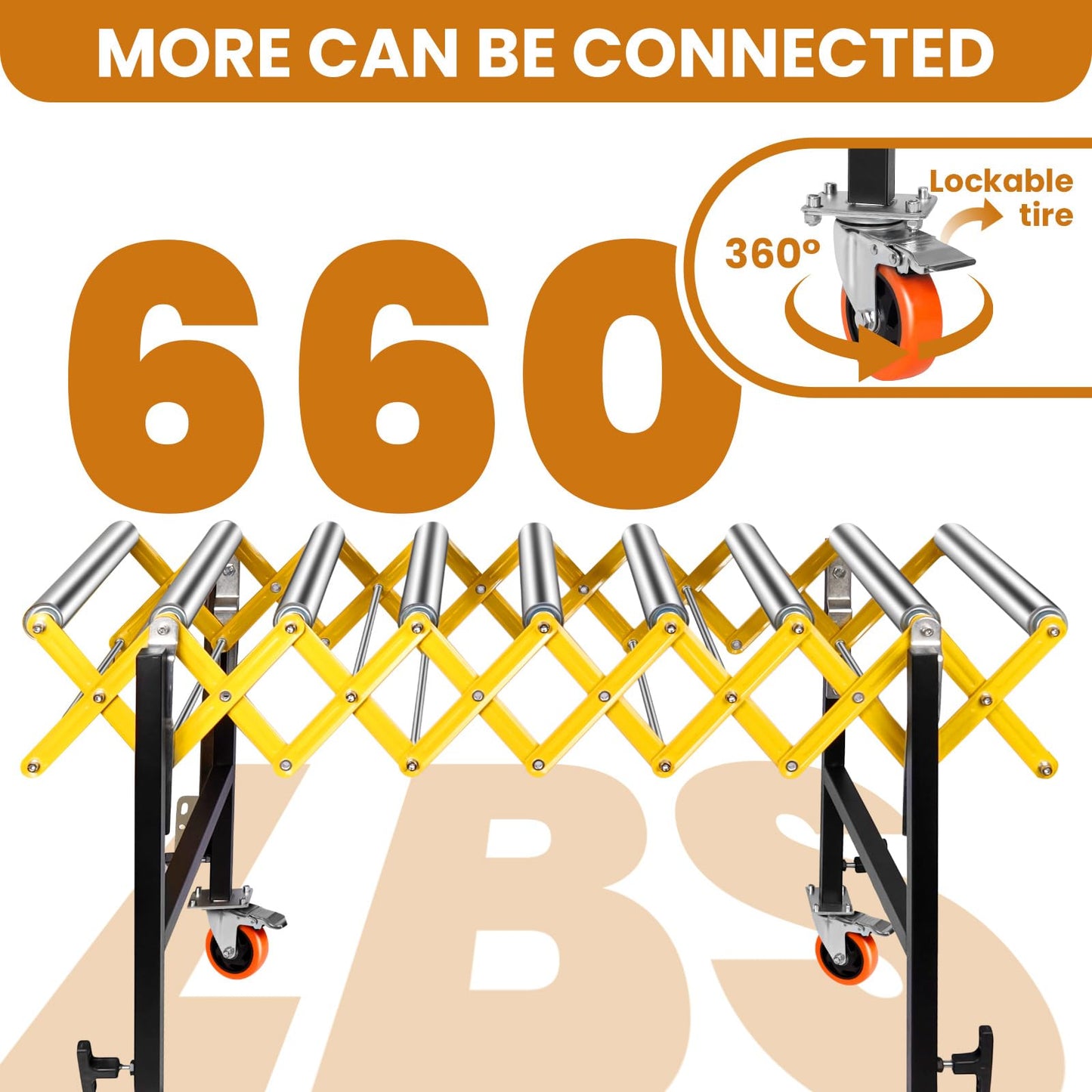Connectable Conveyor Roller Stand - 660LBS Capacity, Adjustable Roller Conveyor, Built-in Hooks for Expandable Splicing (47-100in)