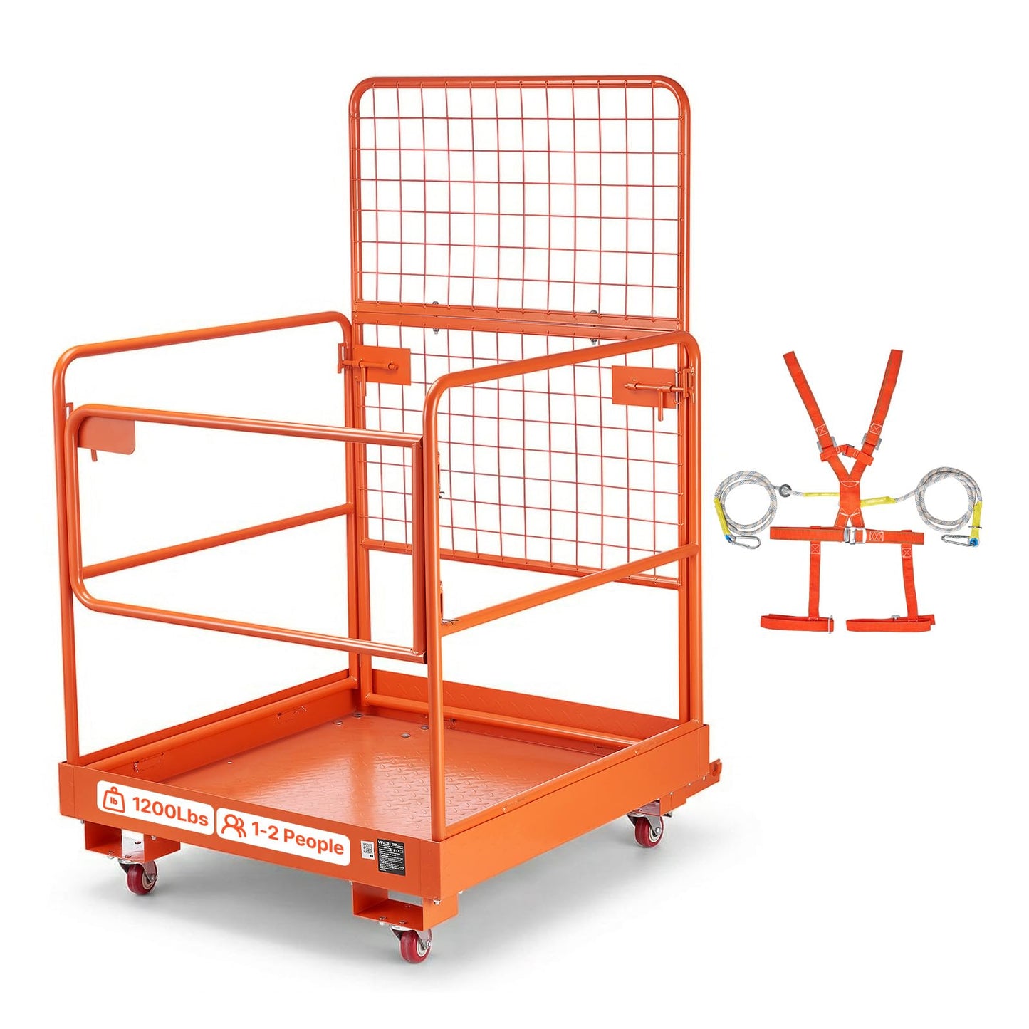 VEVOR Forklift Man Basket, 36.2 x 41.1 Inch Forklift Safety Cage with 4 Wheels, 1200 lbs Capacity, Heavy Duty Work Platform Collapsible Lift Basket, Safety Harness, for Aerial Work Lifting Loader