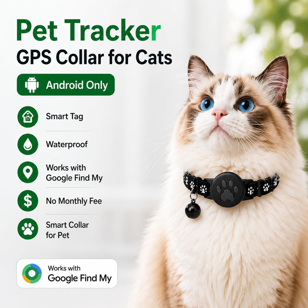 JNLIK Pet Tracker,GPS Collar for Cats (Android Only) Smart tag,Waterproof Compatible with Google Find My,No Monthly