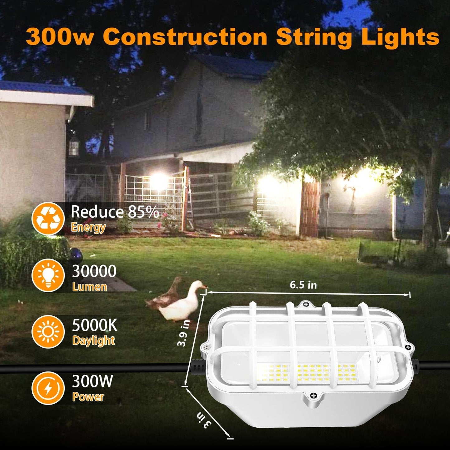 RIUVAO 100ft LED Construction String Lights,Super Bright 300W 30000LM Waterproof IP67 Led String Work Lights, Construction Temporary Lights (Upgrad 100ft-10lights)