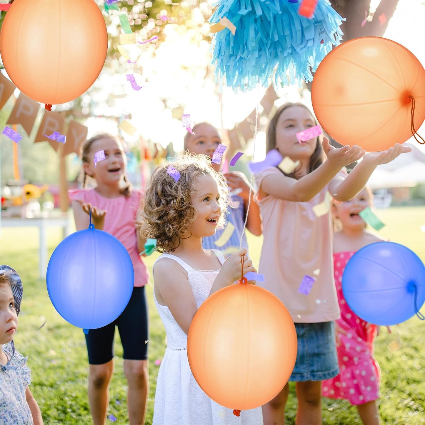 Soulchen Punch Balloons - 24 Pcs Blue & Orange Party Favors for Kids' Birthday Celebrations | Durable Rubber Band Handle