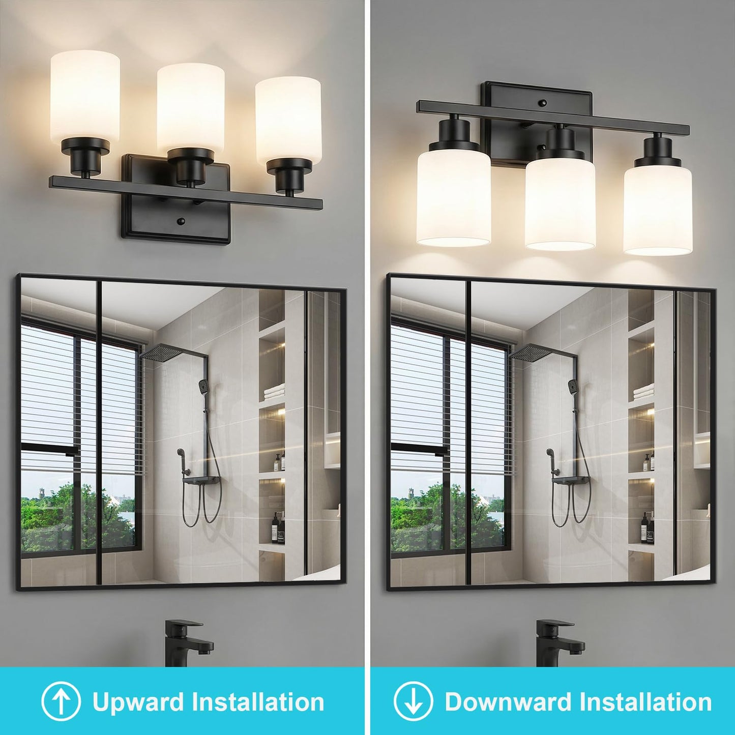 Ascher Bathroom Light Fixtures, 3-Light Vanity Light Over Mirror, Modern Matte Black Wall Sconces with Milky White Shades, Wall Lamp for Kitchen Hallway Cabinet Porch E26 Base