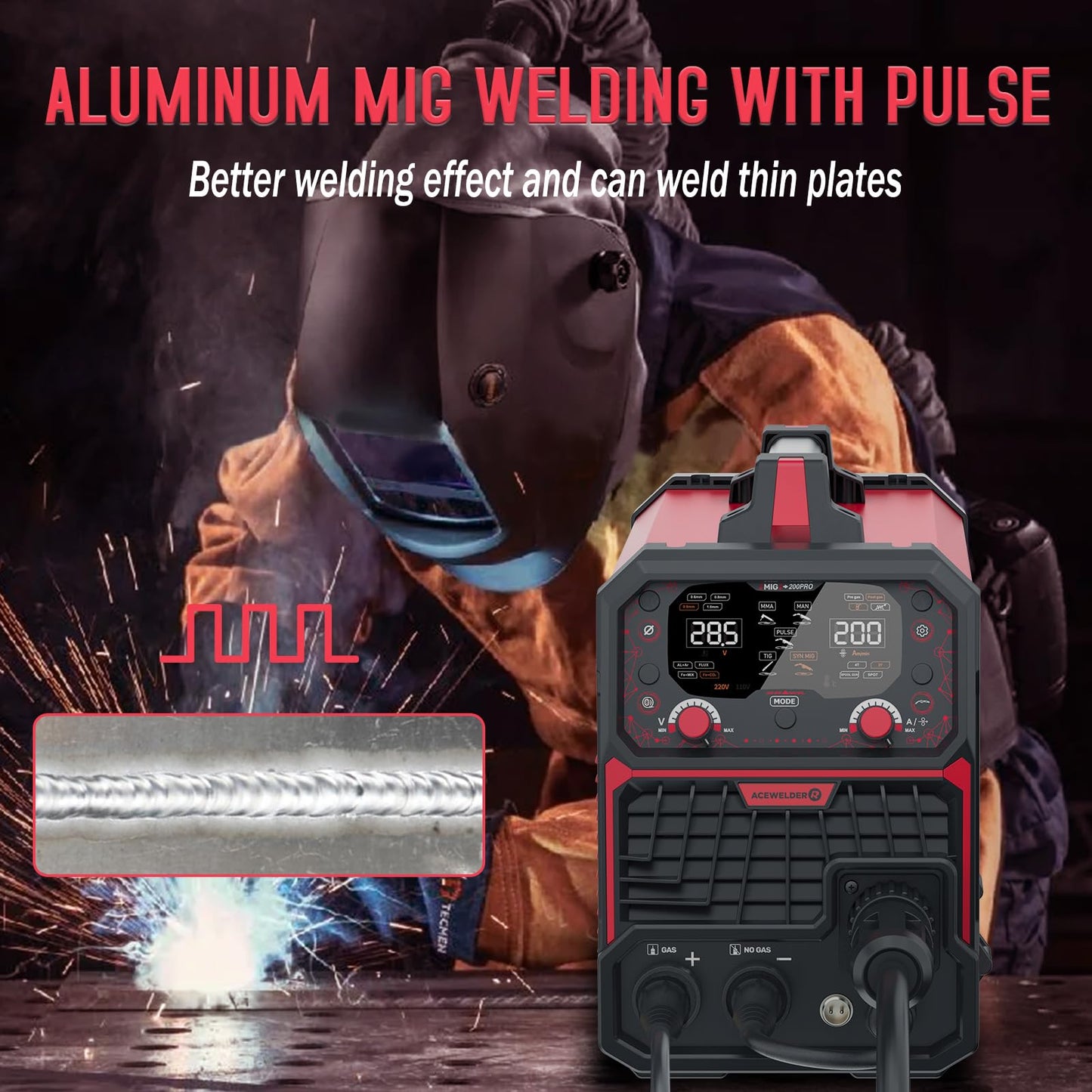 ACEWELDER Aluminum MIG Welder with Pulse 200A 7 in 1 Gas MIG/Pulse MIG/Gasless Flux Core/Stick/Lift TIG/Spot Weld/Spool Gun Compatible 110V/220V Multiprocess Welding Machine