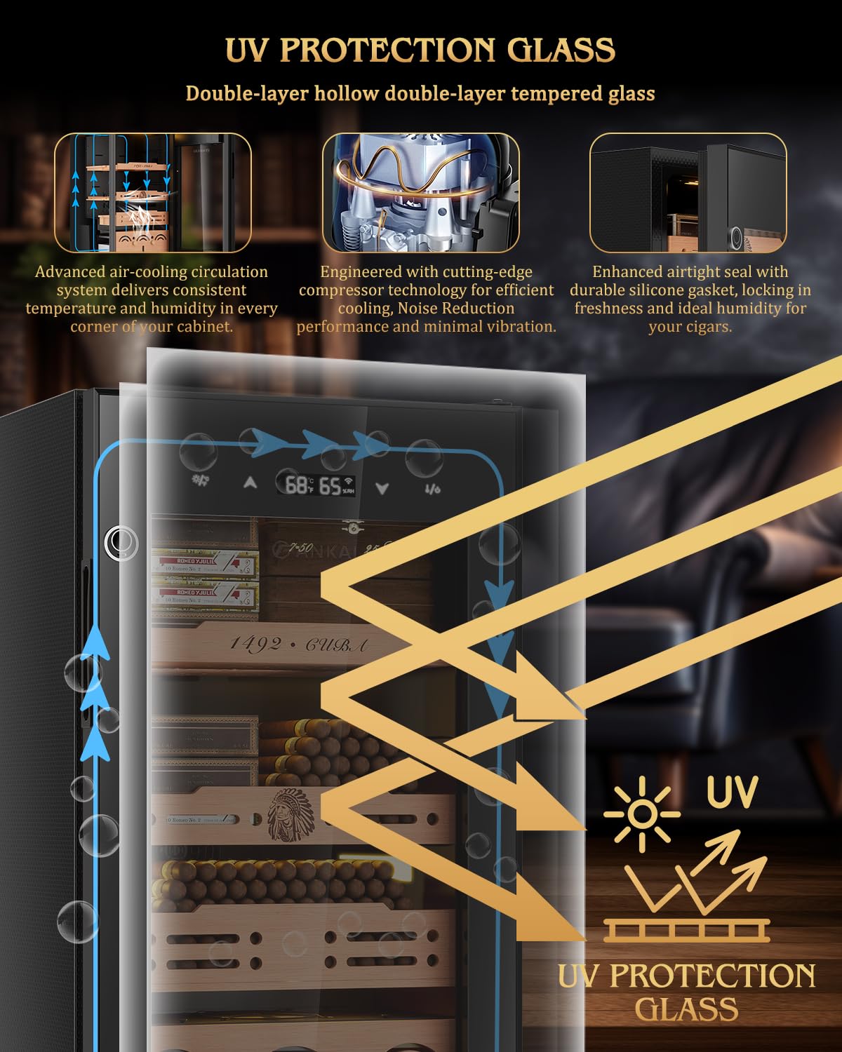 Electric Cigar Humidor Cabinet up to 600 Cigars, Temperature & Humidity Control System-75L Cooling Fridge with Cedar Wood Shelves Digital LED Screen Fingerprint Safety Lock Home & Commercial Use