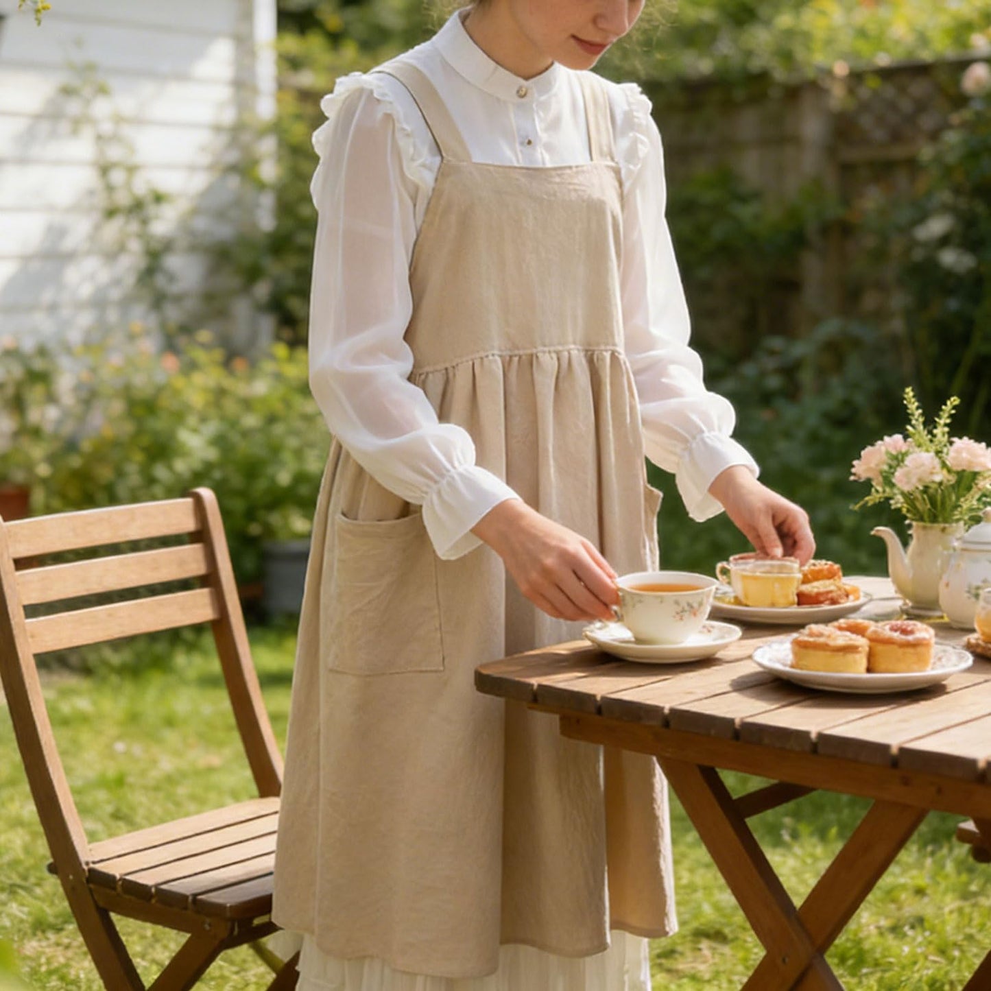 Uaussi Cotton Linen Apron Cross Back Work Apron for Women with Pockets Pinafore Dress X Cross Halter Apron for Baking Gardening