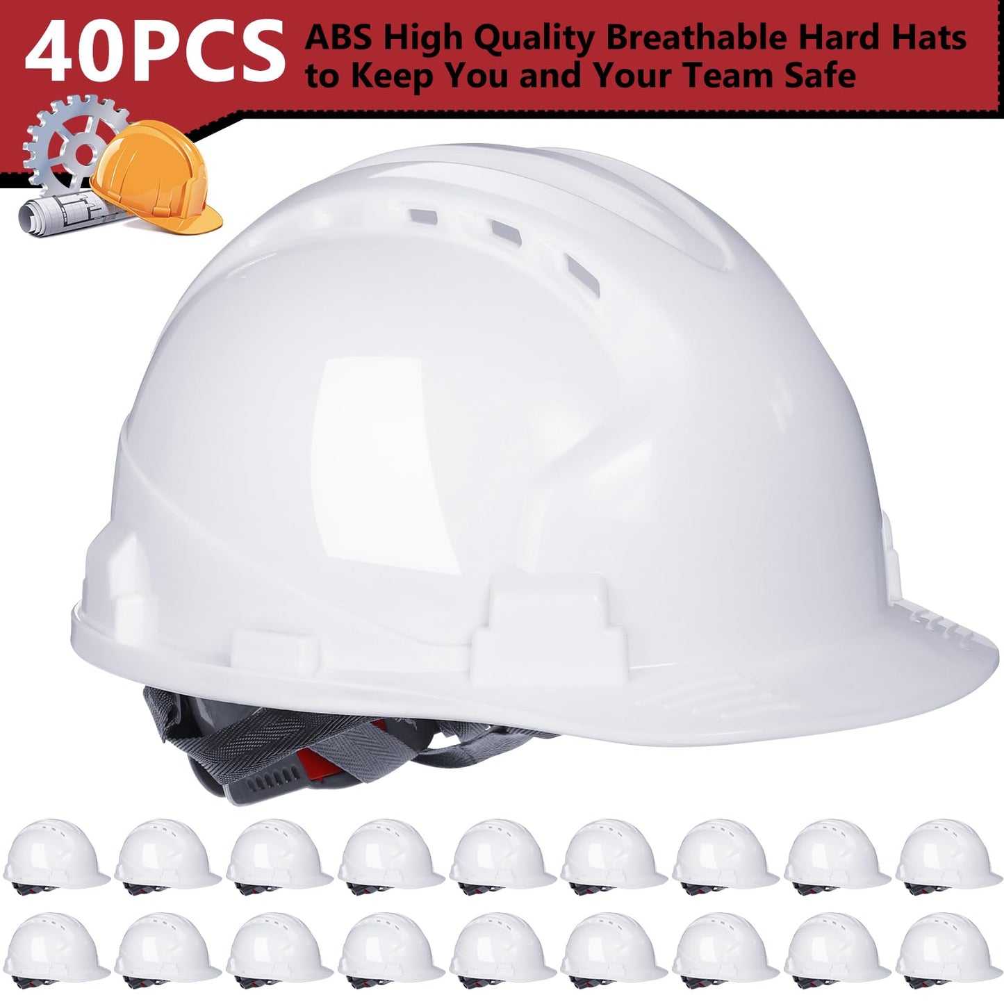 ShinyMatch 40 Pcs 4 Pt. Suspension Hard Hat Bulk Safety Helmets ABS Construction Hardhats Adjustable Ratchet Hard Hats with Vents and Cotton Brow Pad Hard Hats for Men Work Head Protection Supplies
