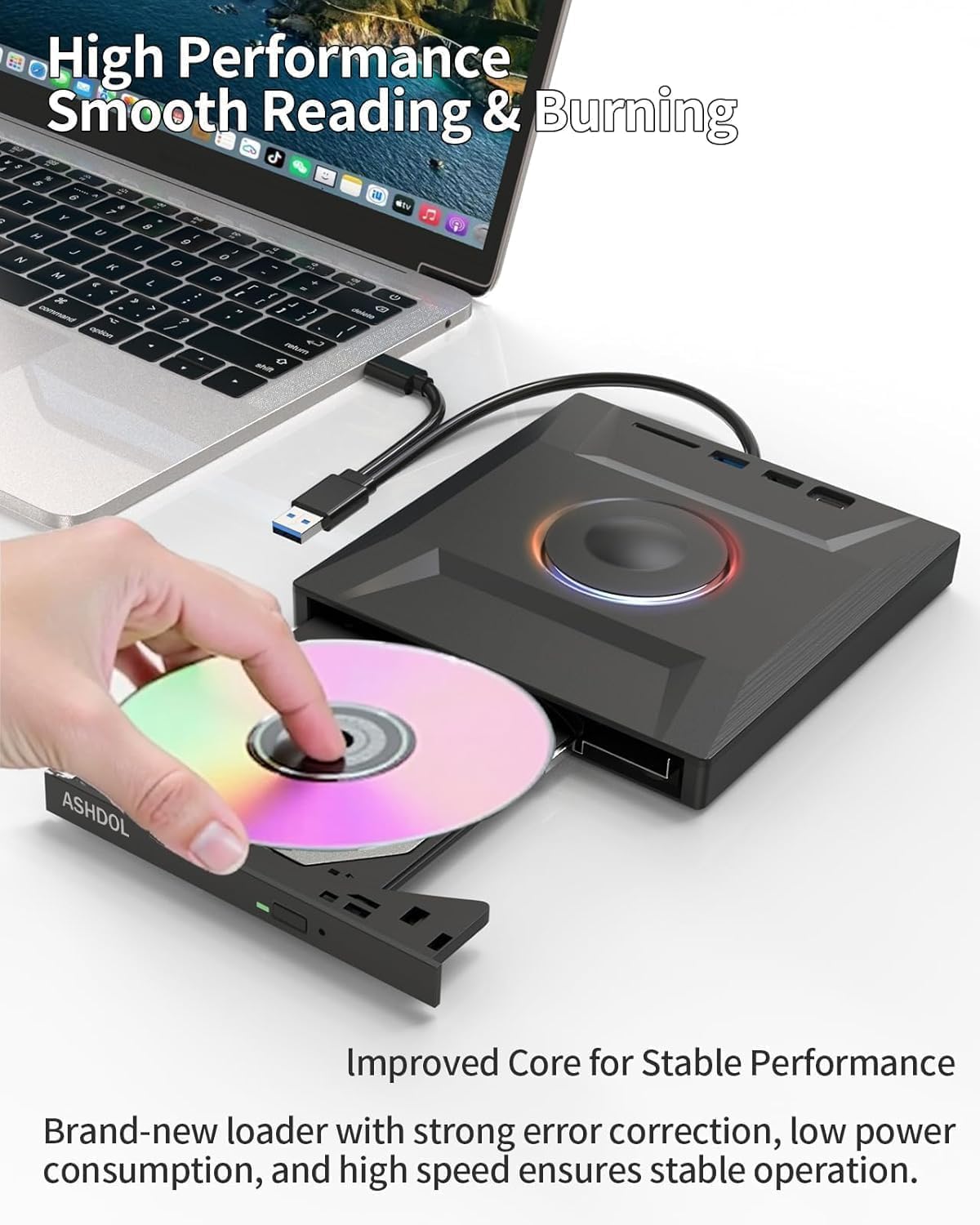 ASHDOL Drive,7 1 3.0 External CD DVD in USB and Type-C Disc Reader Writer Burner Player,Slim and Portable CD DVD +/-RW