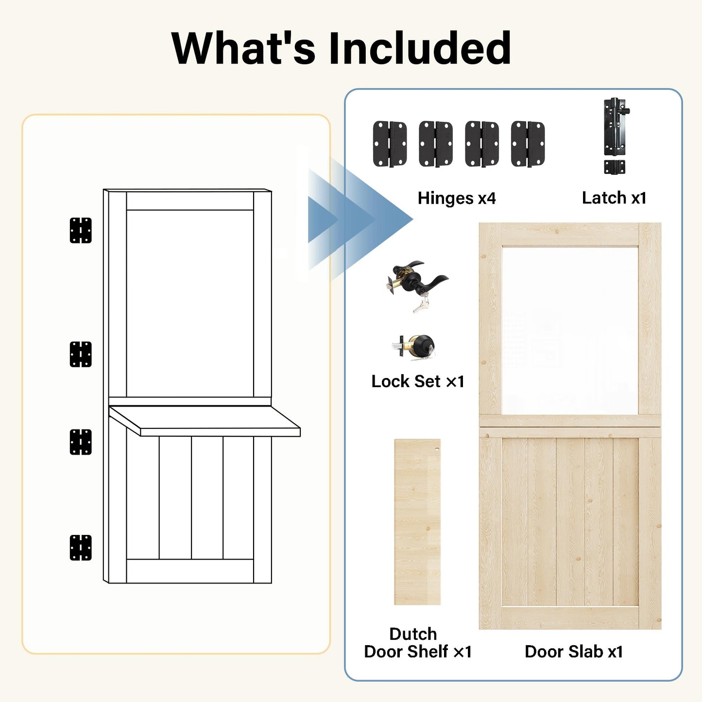 Floating Wood Shelves Dutch Door, 1.75" Pine with 1-Lite Glass Split Half Door for Exterior Front Entry, Patio Doorway & Interior Pantry/Back w/32" x 80" Doors Slab+1 Sill+4 Hinges+1 Latch+1 Lock Set