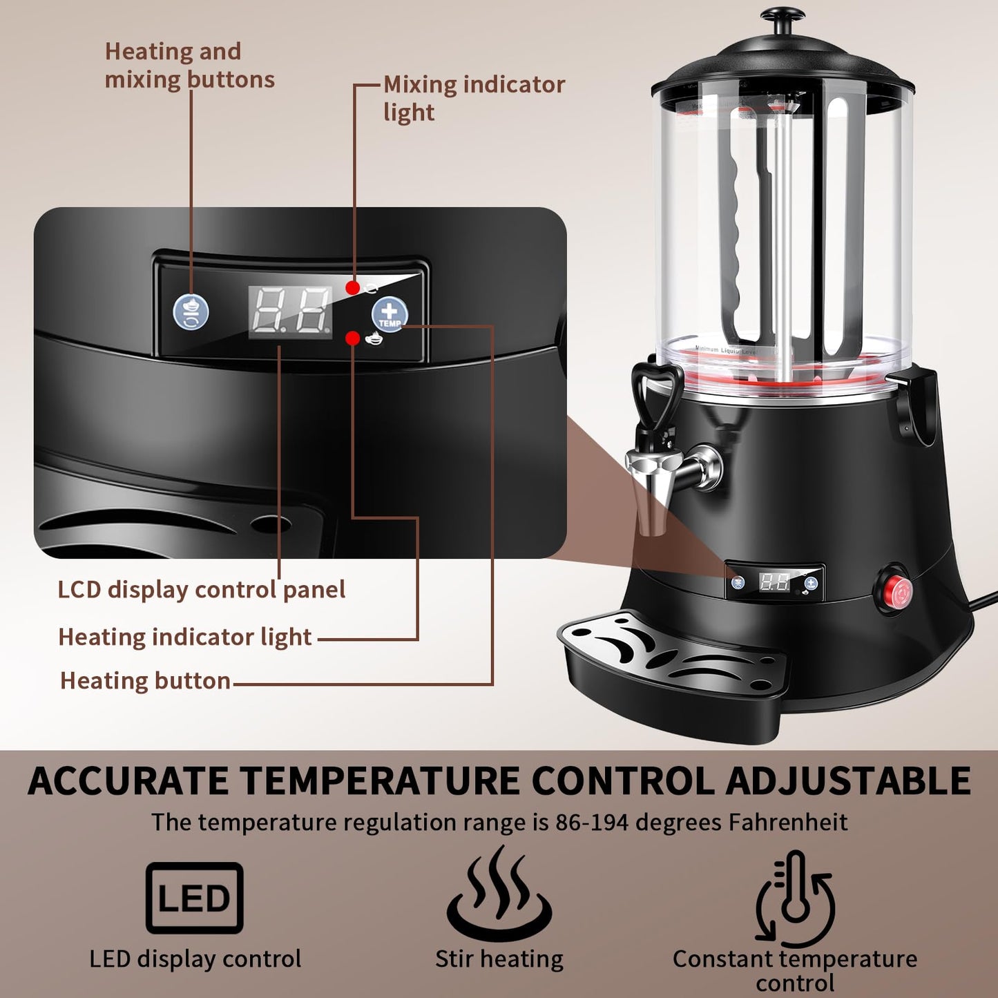 Commercial Hot Chocolate Machine & Beverage Dispenser, 10L Capacity, 110V Electric Warmer for Coffee, Hot Chocolate, Milk Tea, Black, Professional Grade for Cafes & Restaurants