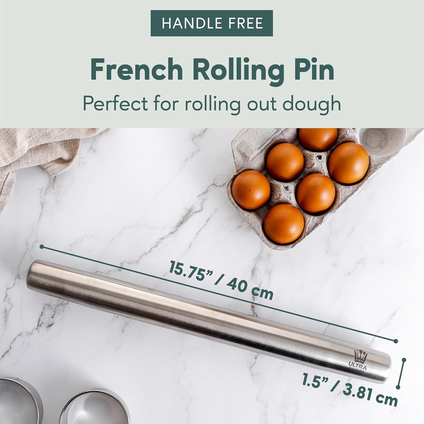 Ultra Cuisine French Rolling Pin - Tapered Design for Baking Pizza, Cookies & Pastry Dough | 15.75-Inch Stainless Steel