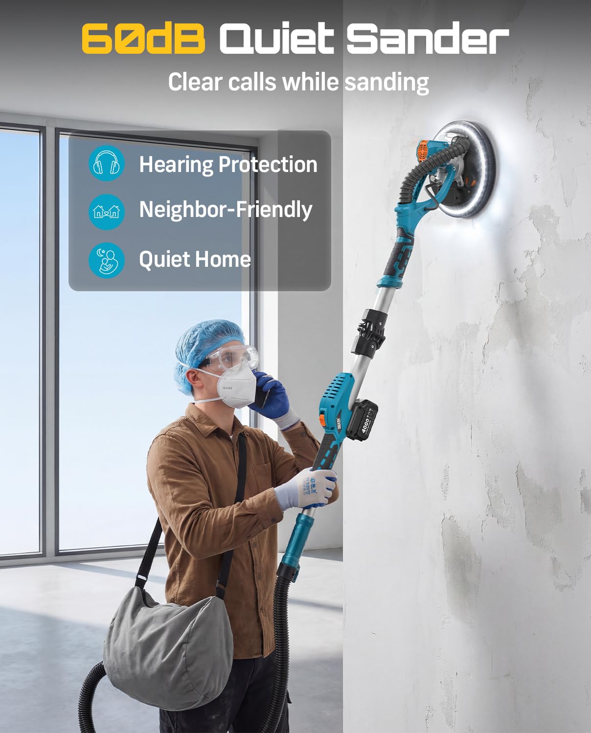 SEESII Cordless Drywall Sander with Vacuum,900W 1900RPM 2x4.0Ah Battery,Popcorn Ceiling Remover Tool,Brushless Low Noise Variable Speed,Wall Sander for Painting Prep,Foldable Telescopic,LED,12 Discs