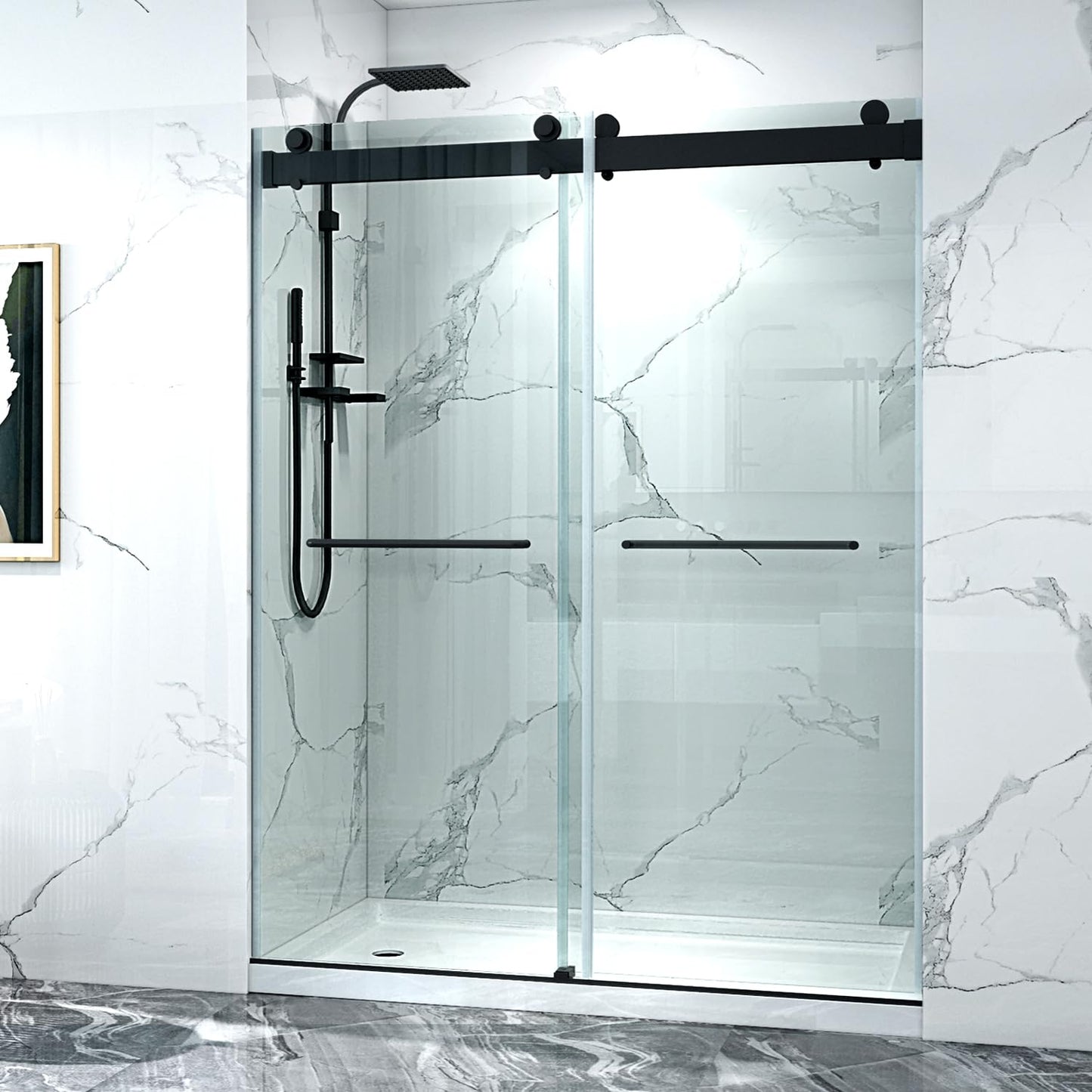 56-60" W x 76" H Frameless Sliding Shower Door, Double Sliding Glass Shower Door with Buffer 3/8"(10MM) Clear SGCC Tempered Glass, Explosion-Proof Film, Roller Disk System, Rust-Resistant.