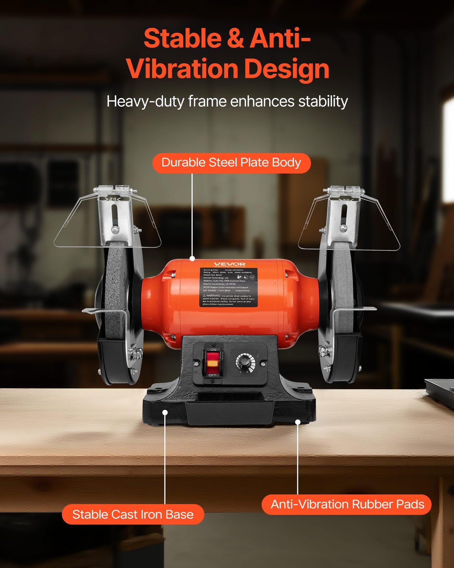 VEVOR Bench Grinder, 8-inch Variable Speed Bench Grinder, 2000-3450RPM Table Grinders with 550W 5.0A 3/4Hp Induction Motor, 36/60-Grit Grinding Wheel & Adjustable Eye Shield for Sharpening Grinding