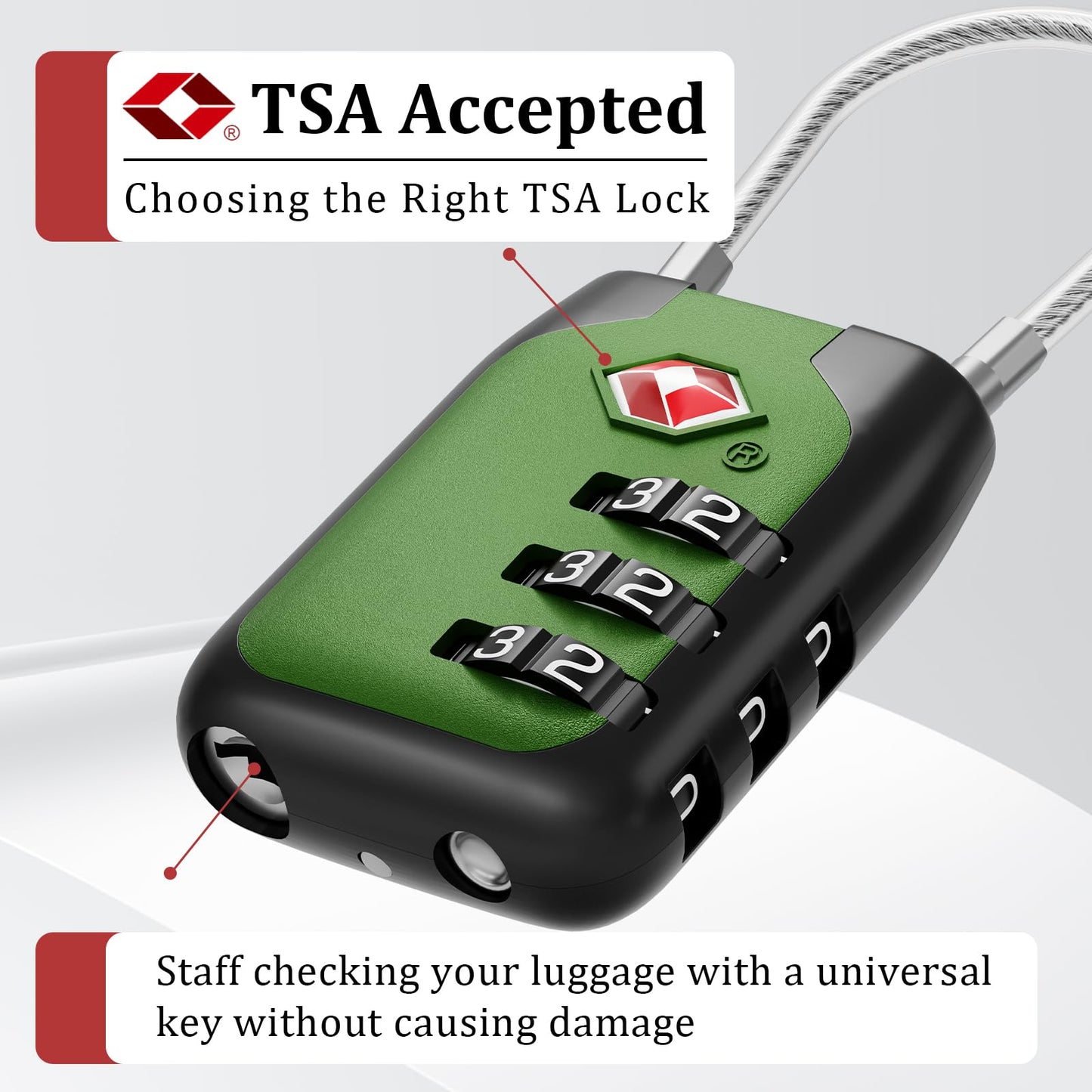 Joyway TSA Approved Luggage Lock, 3 Digit Combination Cable Lock with Alloy Body, Travel Combination Locks for Suitcases, Backpack and Golf Bag (Green, 4Pack)