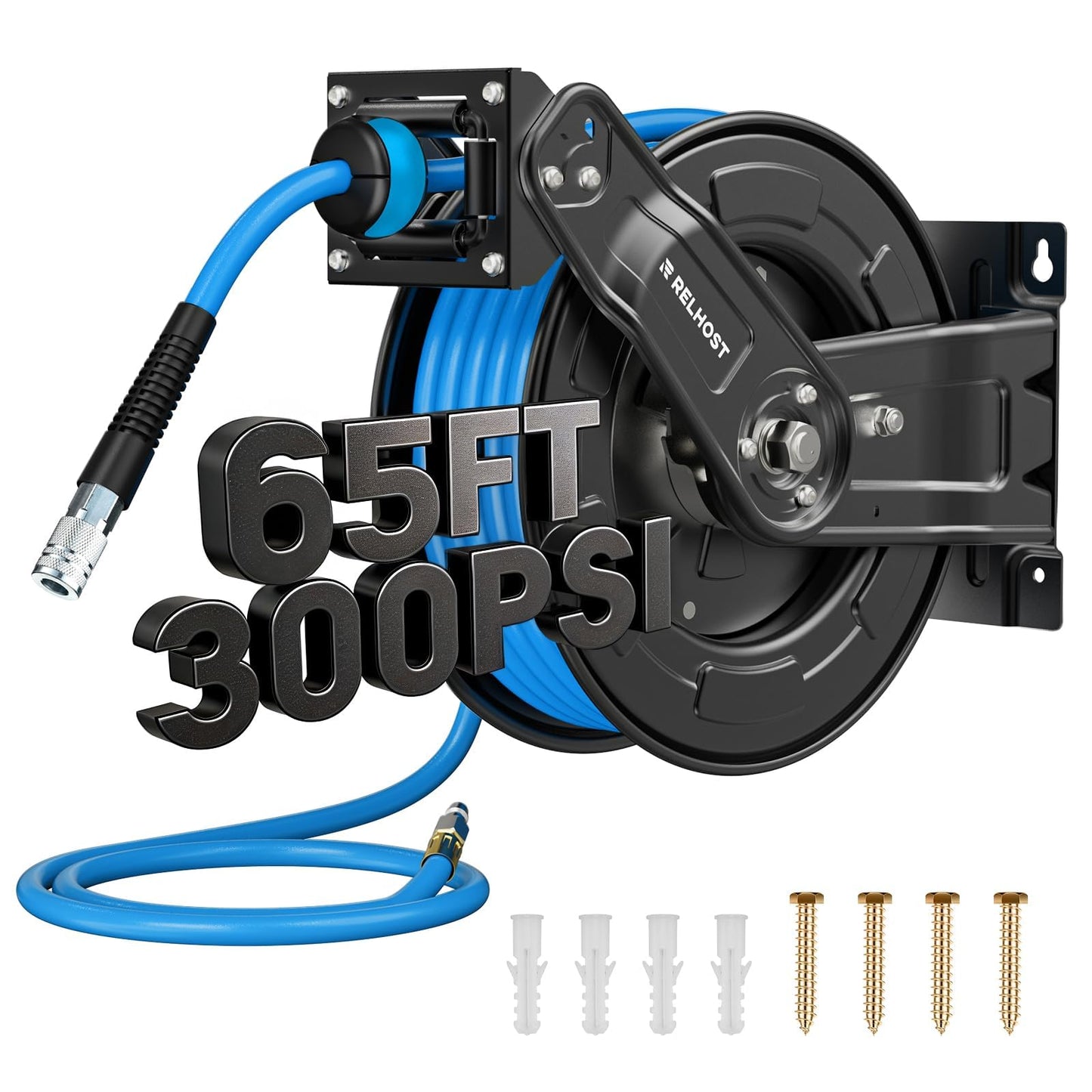 Retractable Air Hose Reel, 65ft x 3/8in Hybrid Air Hose (300PSI), Heavy Duty Compressor Hose Reel, Auto Rewind - Wall/Ceiling Mount for Workshops