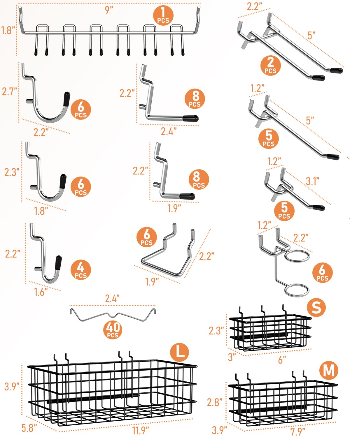 INCLY 1/4“ Extra Thick Pegboard Accessories Kit, 100PCS Heavy Duty Metal Peg Board Hook Assortment with 3 Sizes Basket S/M/L Fit 1/4 Inch Pegboard for Garage Wall Organizer Hanging Tools