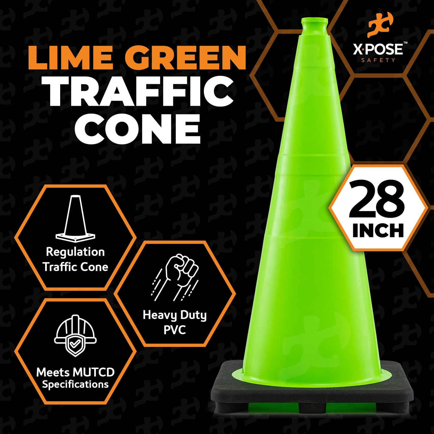 Xpose Safety 28” Lime Green Traffic Cone - 6 Pack - Premium PVC Safety Cone for Parking, Caution, Construction, Road Crews, Emergency Vehicle - DOT Approved
