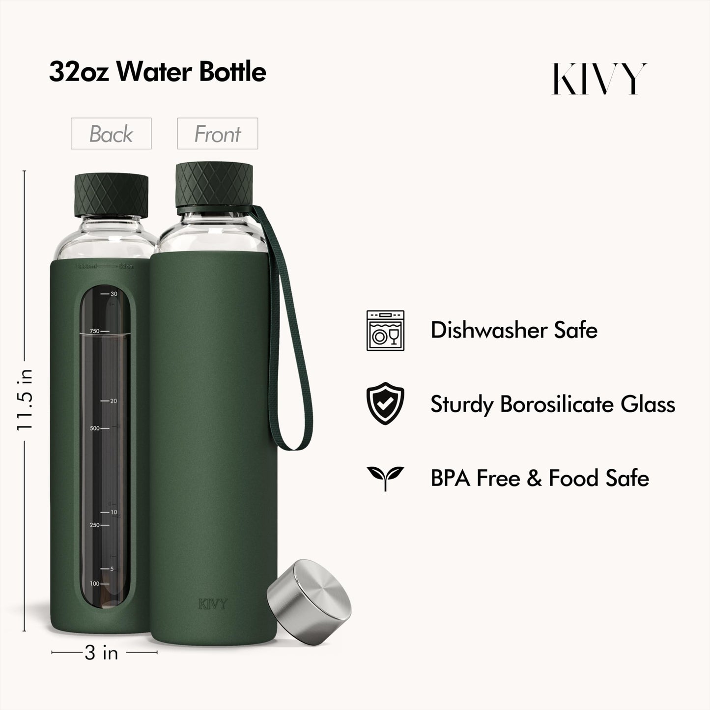 KIVY Glass Water Bottle with Silicone Sleeve 32 oz [WITH MEASUREMENT] - Borosilicate Glass Water Bottle Screw Top - Clear Bottles with Measurement Marking - Slim Waterbottle Aesthetic - Dark Green