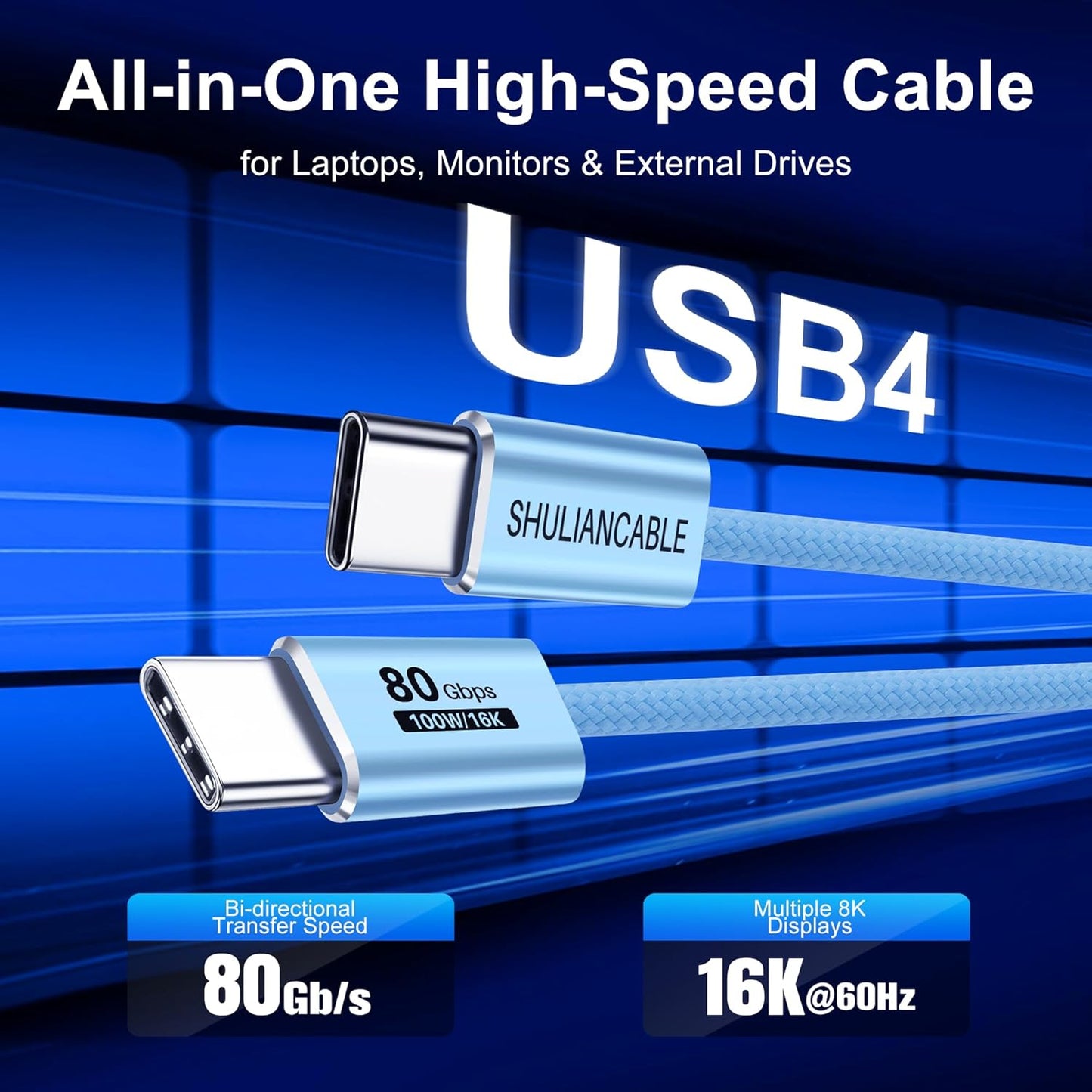 SHULIANCABLE 4 Cable,80Gbps 16K/8K 4/3, 3.3FT/1M) USB C Cable, USB Data Data Sync, Supports Displays,Compatible
