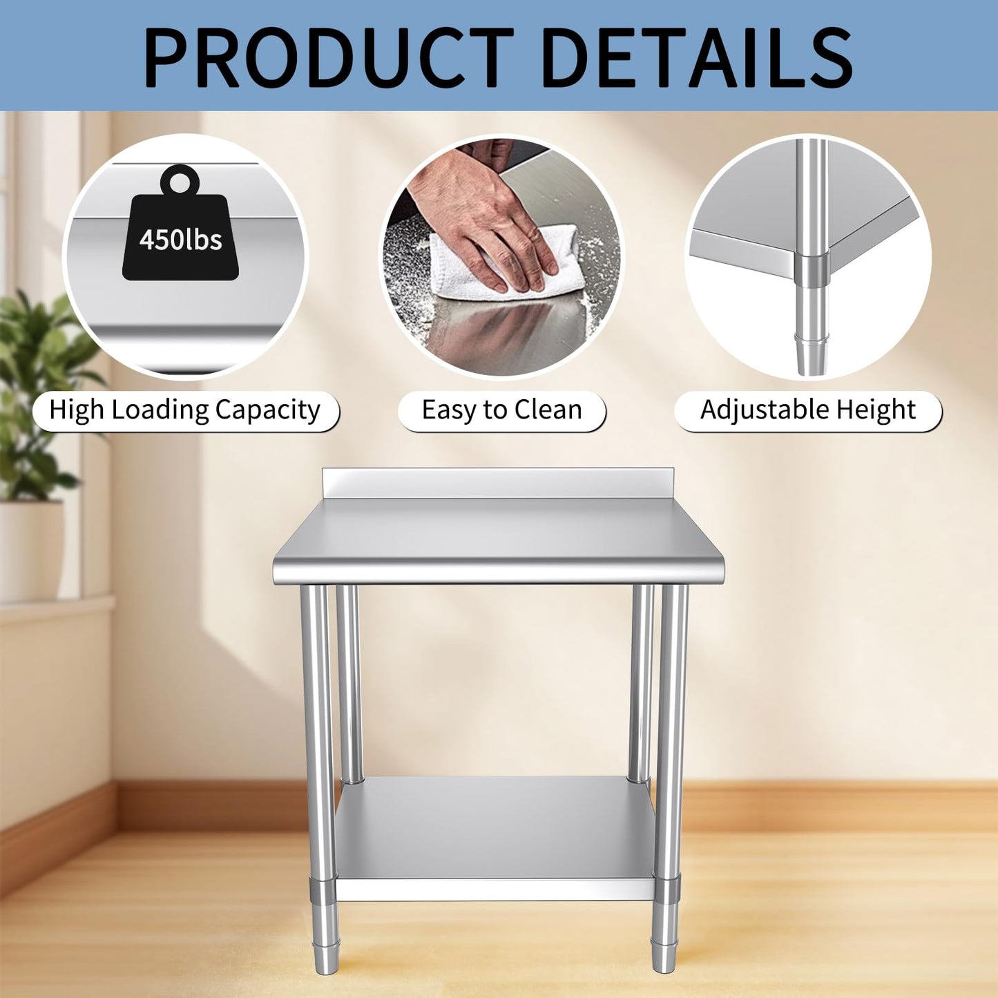 Mioleu Stainless Steel Table, 30 x 24 Inches Commercial Metal Prep & Work Table with Backsplash and Adjustable Undershelf for Kitchen Restaurant Home Garage Warehouse