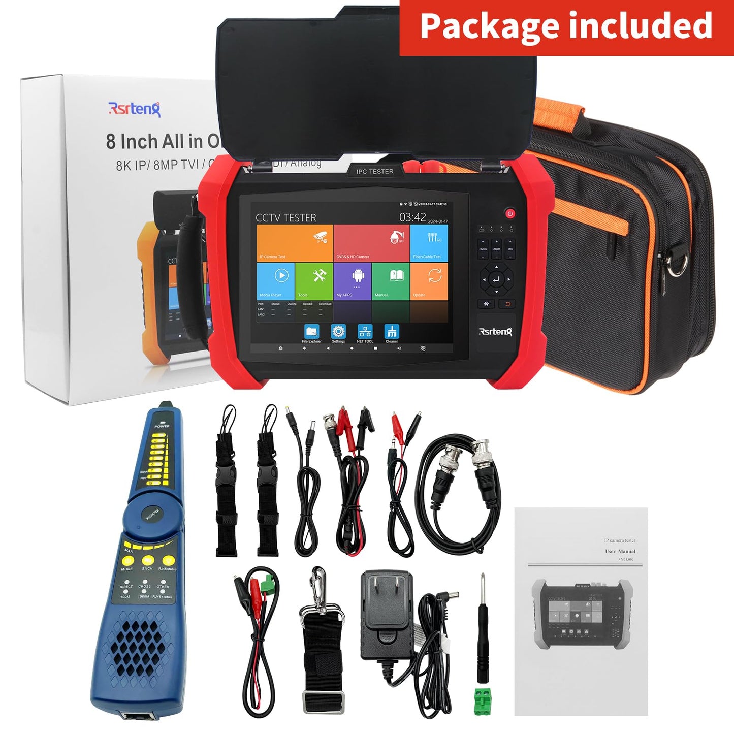 Rsrteng CCTV Tester 8K 32MP 12MP IP Camera Test POE++ Max 90W POE Camera Tester 4K 8MP TVI/CVI/AHD/SDI/CVBS WiFi Network Tools Cable Test Distance Meter 2CH SFP Port HD VGA DC Power Output