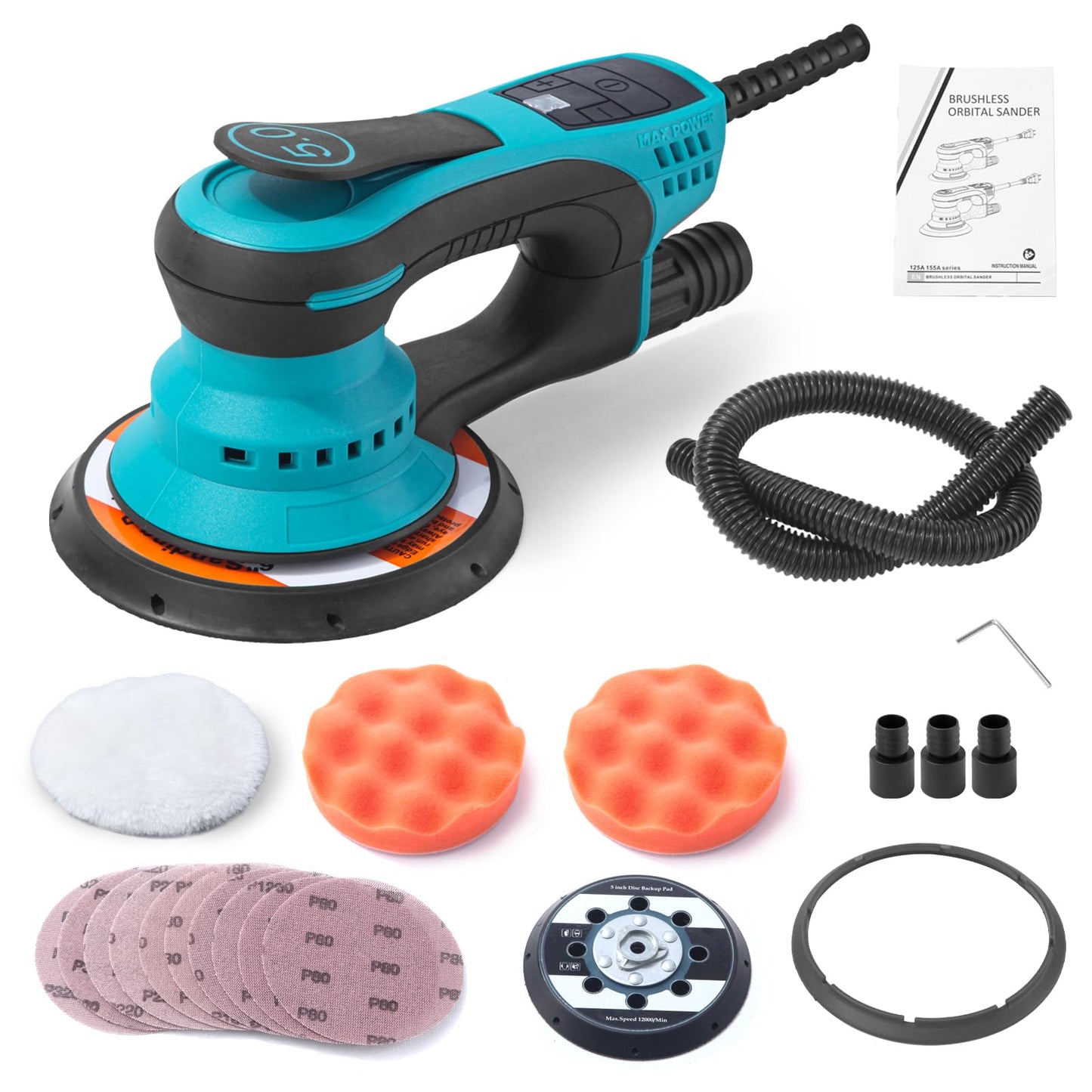 Electric Random Orbital Sander 5mm-350W Powerful Brushless Motor-With 5“/6" Hard Disk and Dust Collector-7 Variable Speed 4000-10000RPM SanderFor Polishing, Scratch Removi,Primary Wood,Panel Processin