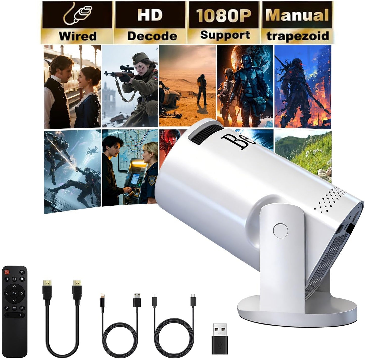 BESUS 4K 1080P 180 17-130" Mini projector, with wired screen sync portable projector rotation. screen video projector.