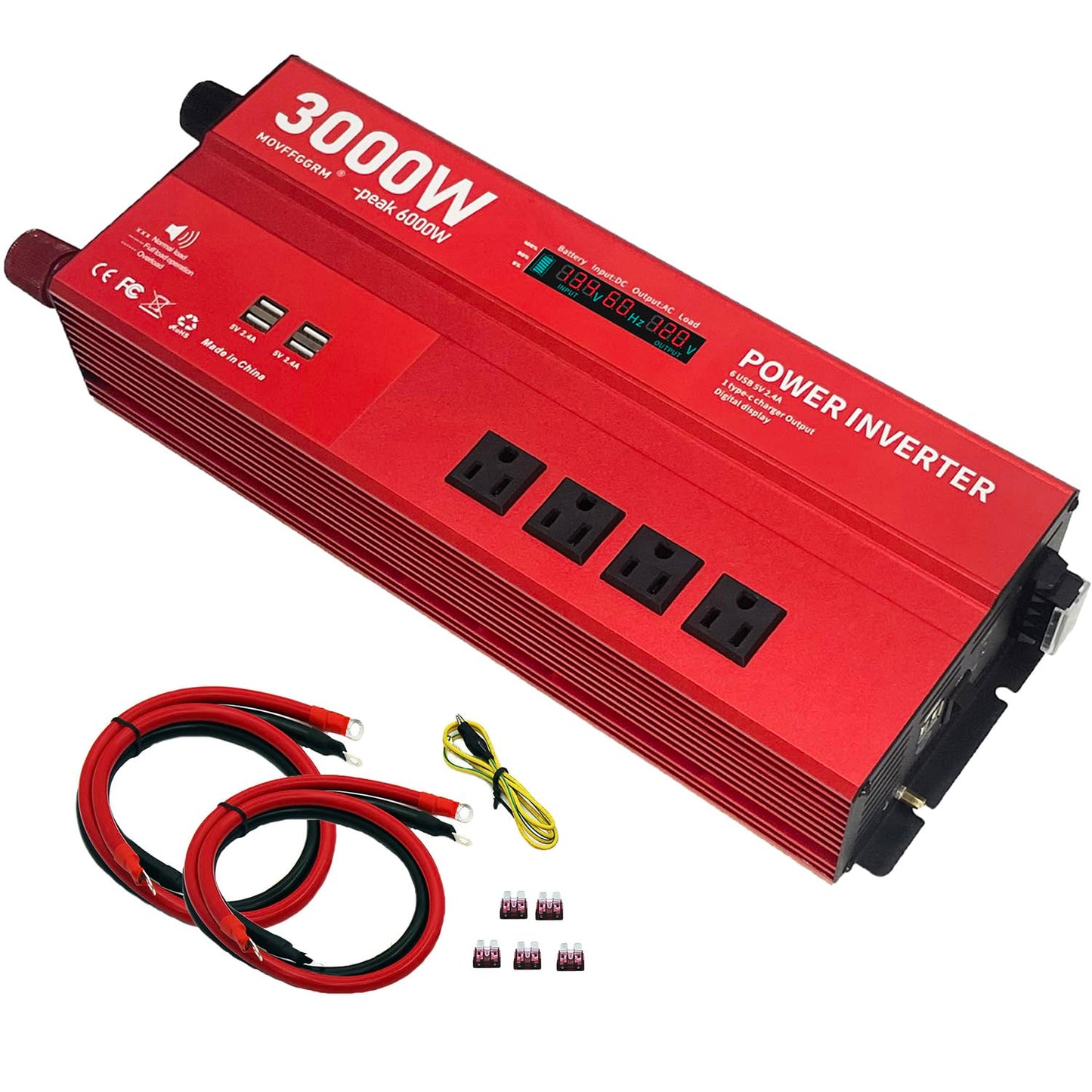 MOVFFGGRM 3000W 12V Power Inverter,Peak 6000W, Car/Truck/RV DC 12V to 110V 4AC Converter, 6X 2.4A USB Ports,with 18W Type-C Quick Charge Port,LCD Digital Display