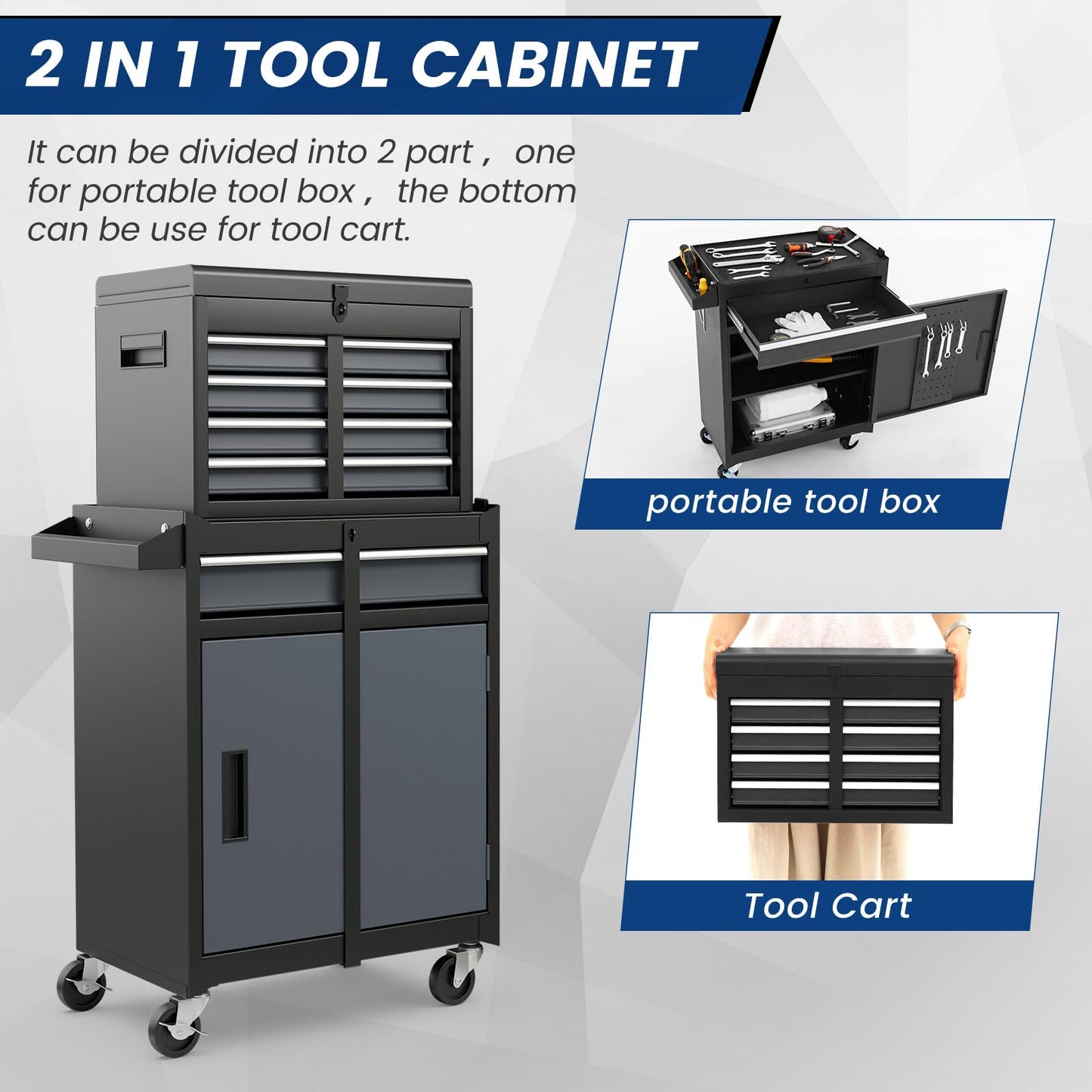 ERGOMASTER 5-Drawer Rolling Tool Cabinet with Detachable Top Toolbox, Lockable Wheels, Lock Bar, Protective Liner & Tool Rack, Metal Tool Storage Cart for Garage Workshop-Grey