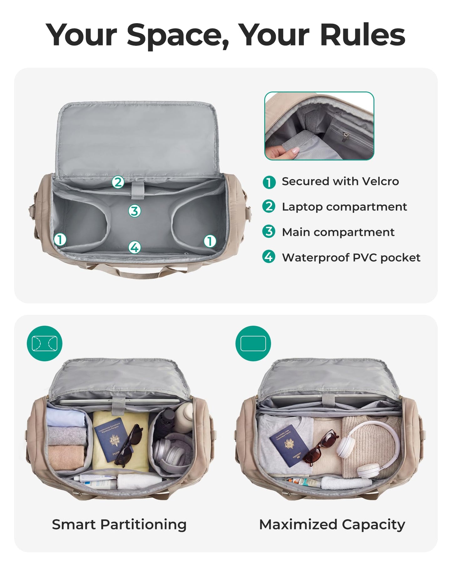 BAGSMART Travel Duffel Bags with Dividers, 32L Gym Duffle Bag with Laptop Compartment, Carry On Weekender Overnight Bag, Shoe Bag, PVC Wet Pocket, Black
