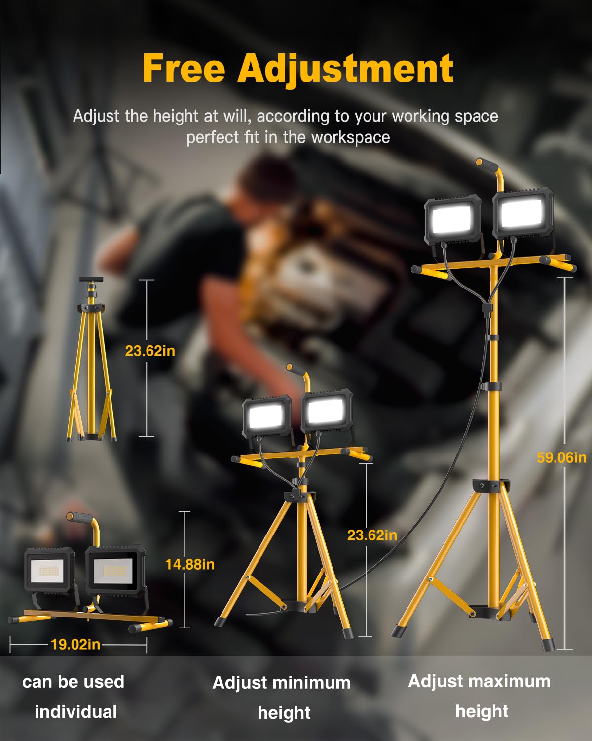 23000 Lumen LED Work Light with Stand, 200W 2 Adjustable Head Work Light, with Adjustable and Foldable Tripod Stand, Waterproof Lamp with Switch for Construction Job Site Workshop Garage, 2 Pack