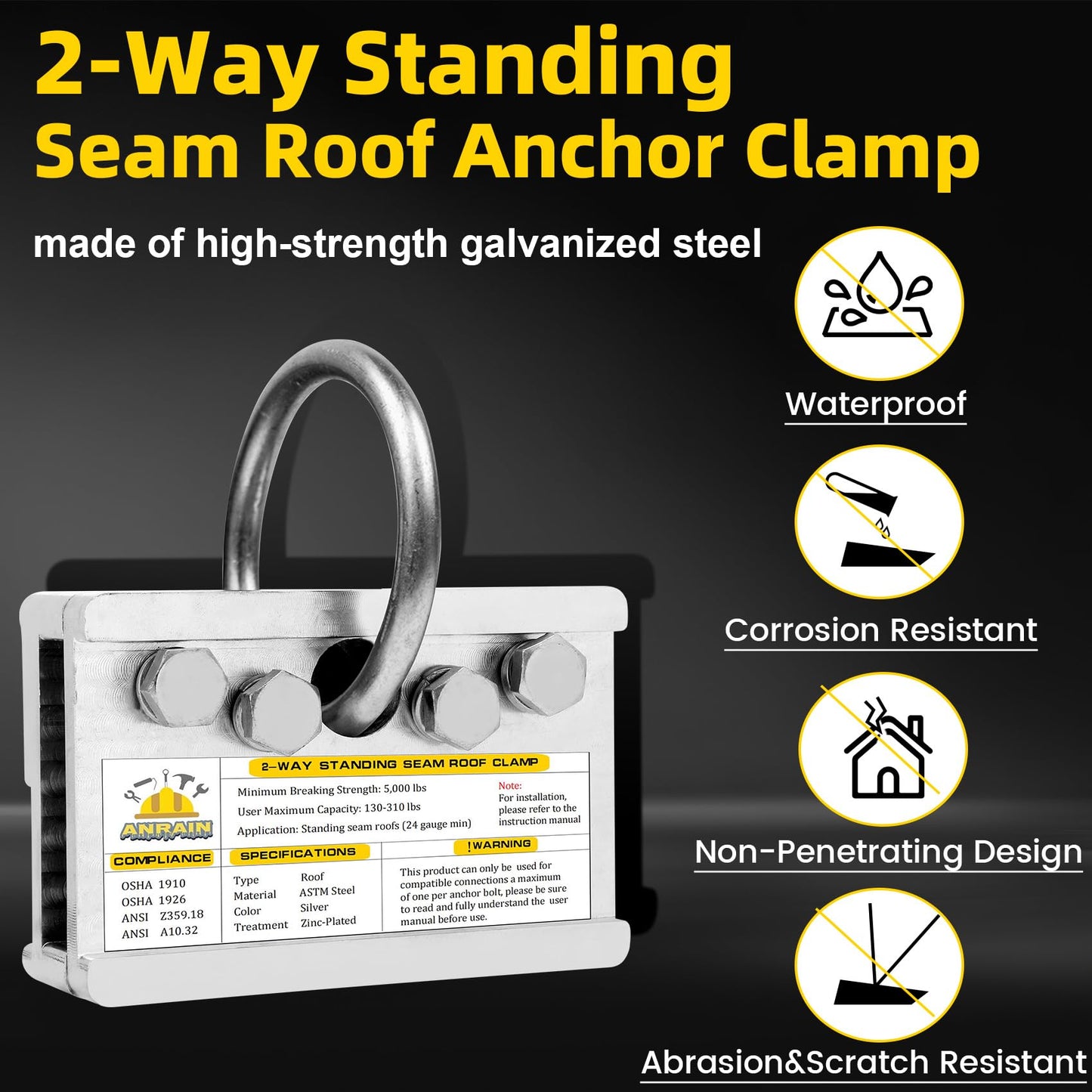 Fall Protection Roof Anchor, 2-Way Standing Seam Clamp | Non-Penetrating Design | 5000lbs Capacity | Galvanized Steel | for Metal Roof & Ladder Safety