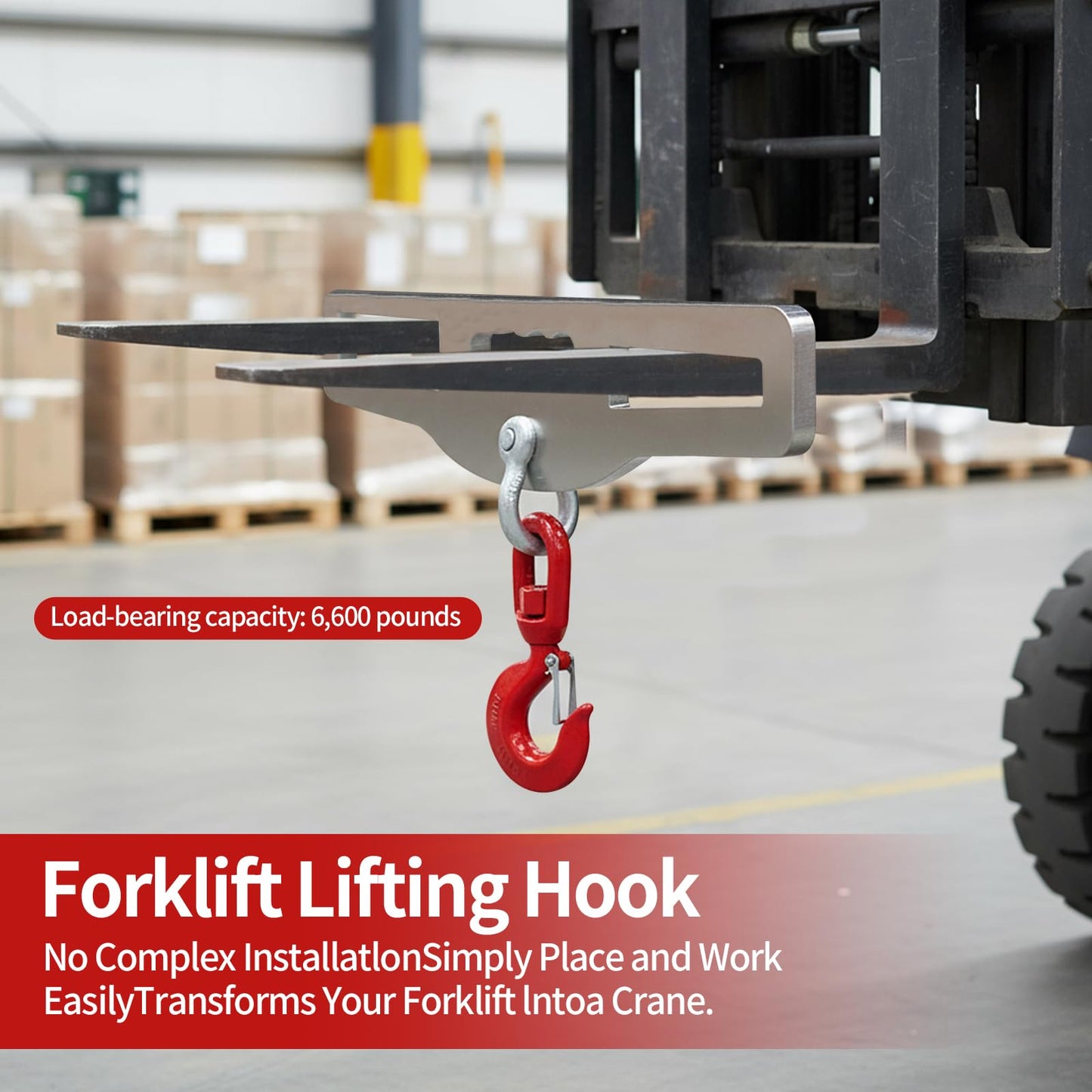 Heavy Duty Forklift Lifting Hook,Surface Galvanization,Fork Lifting Attachment, Load 6600 Lbs（3 Ton）,with 360° Swivel Hook,Fit for Lifting Goods with Forklifts and Construction and Warehouse Lifting