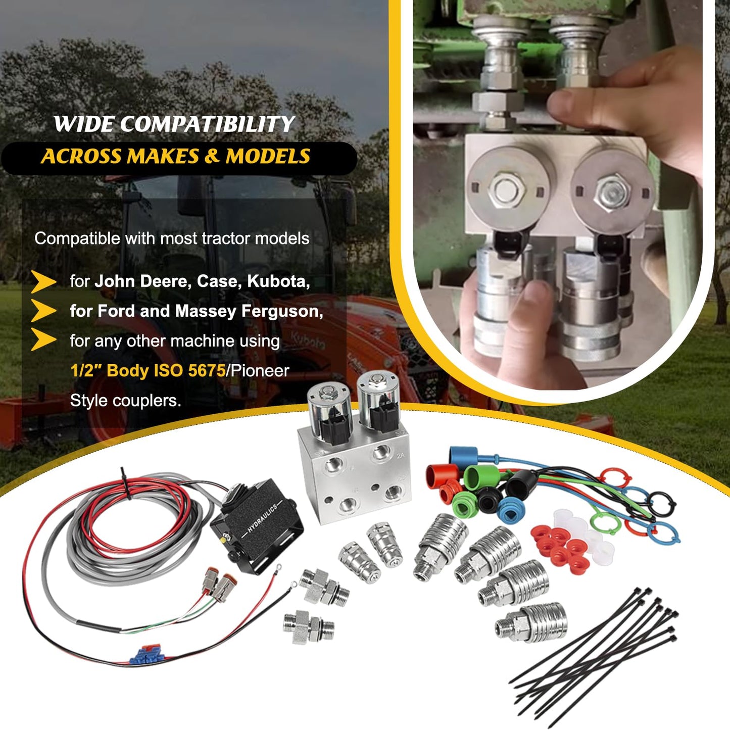 Hydraulic Multiplier Valve Kit | 2-Circuit SCV Splitter Diverter Manifold with Rocker Switch, Quick-Connect Couplers & Fittings 20 GPM, 3000 PSI